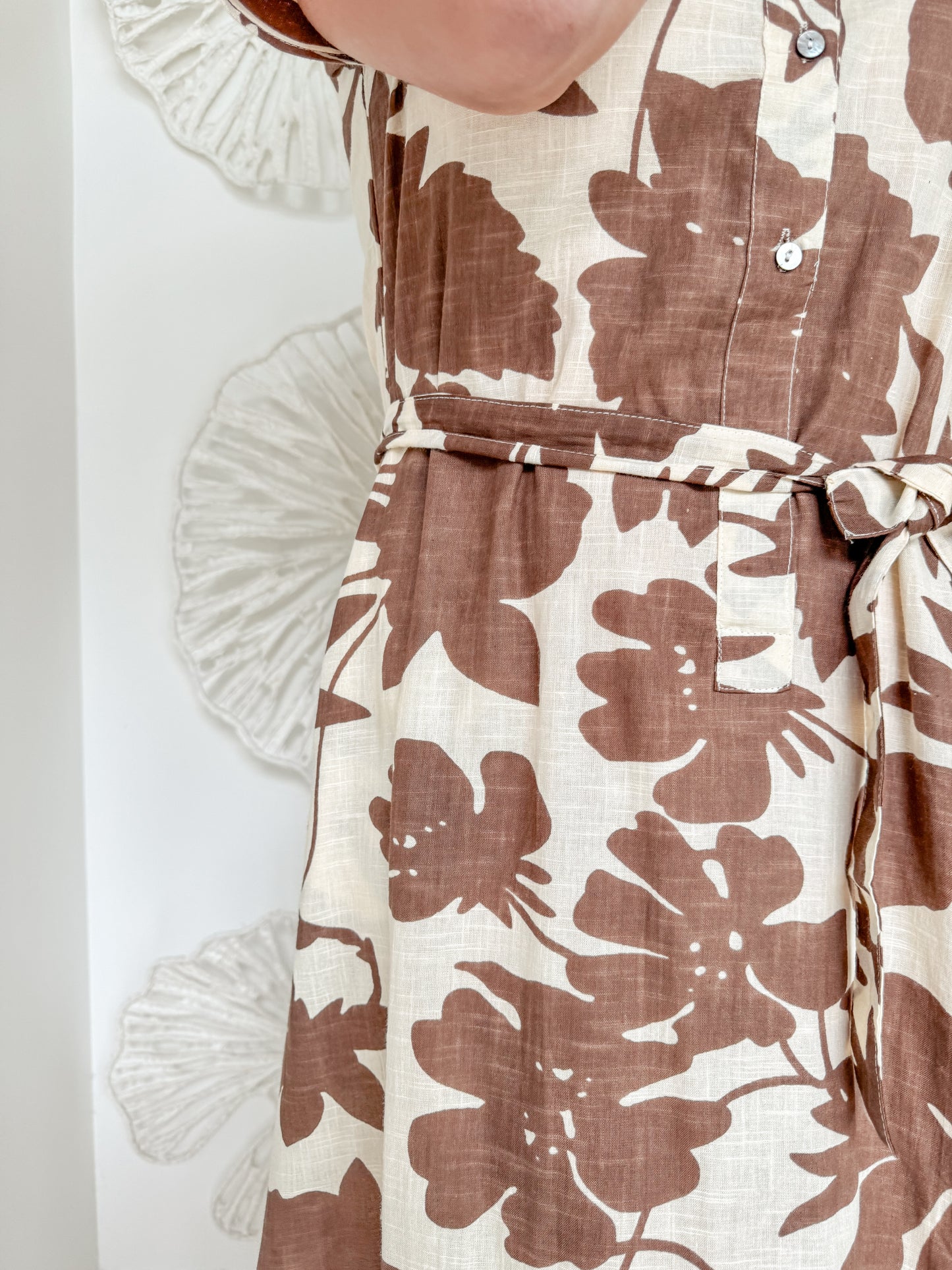 Brown Floral Collared Waist Tie Maxi
