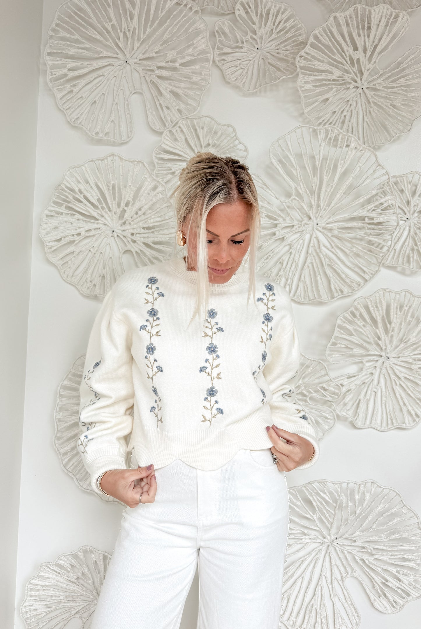 Cream Floral Embroidered Scalloped Sweater