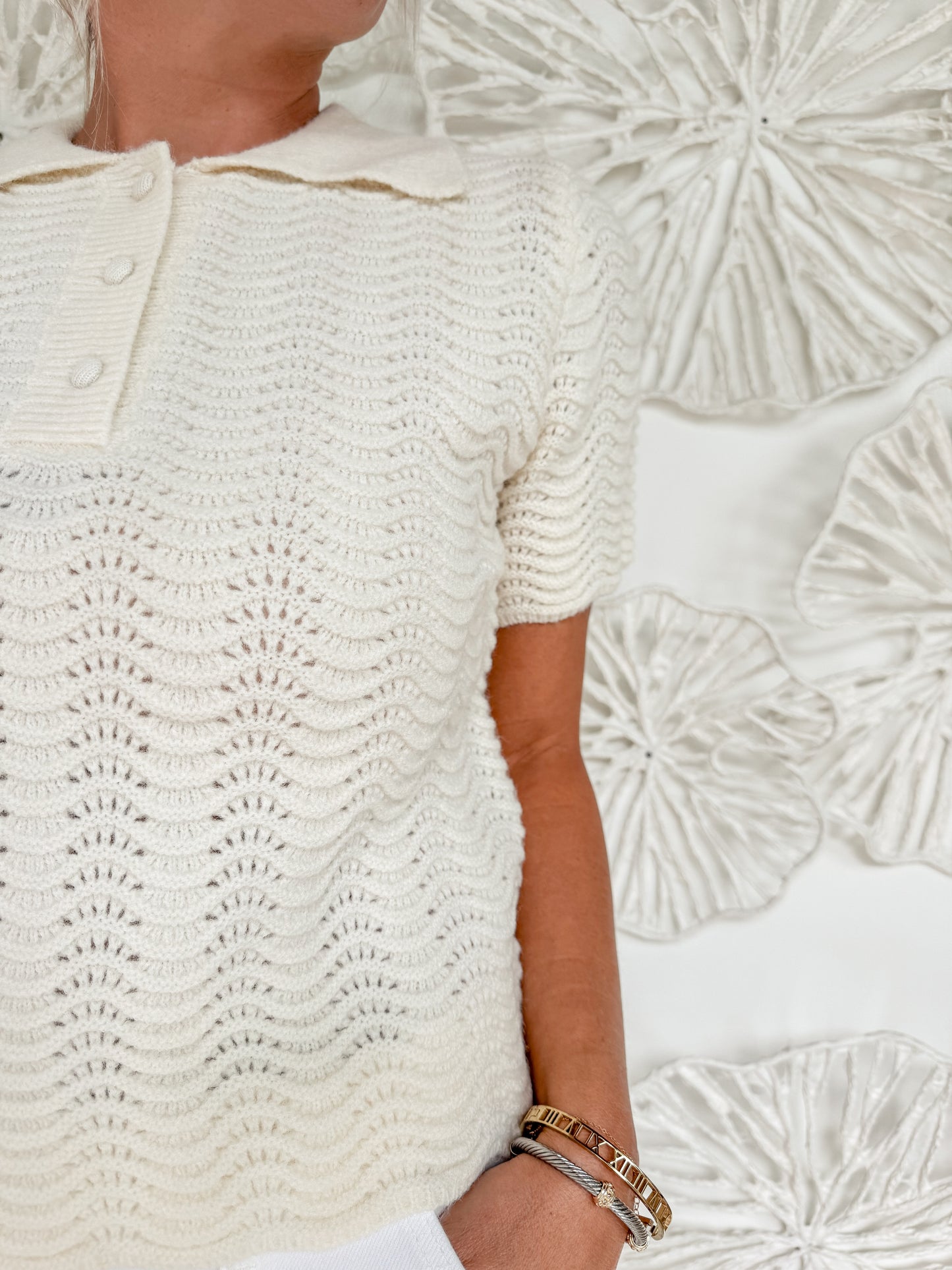 Cream Knit Collared Blouse
