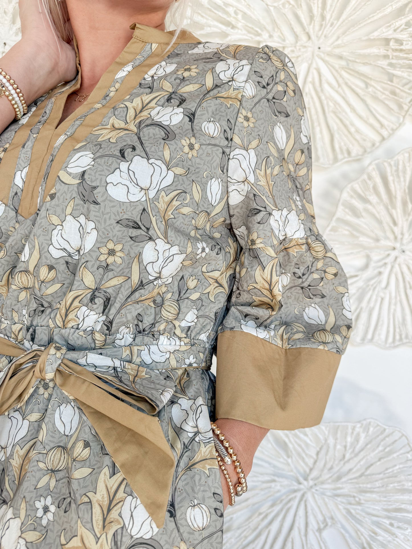 Taupe Floral Mandarin Collar Maxi