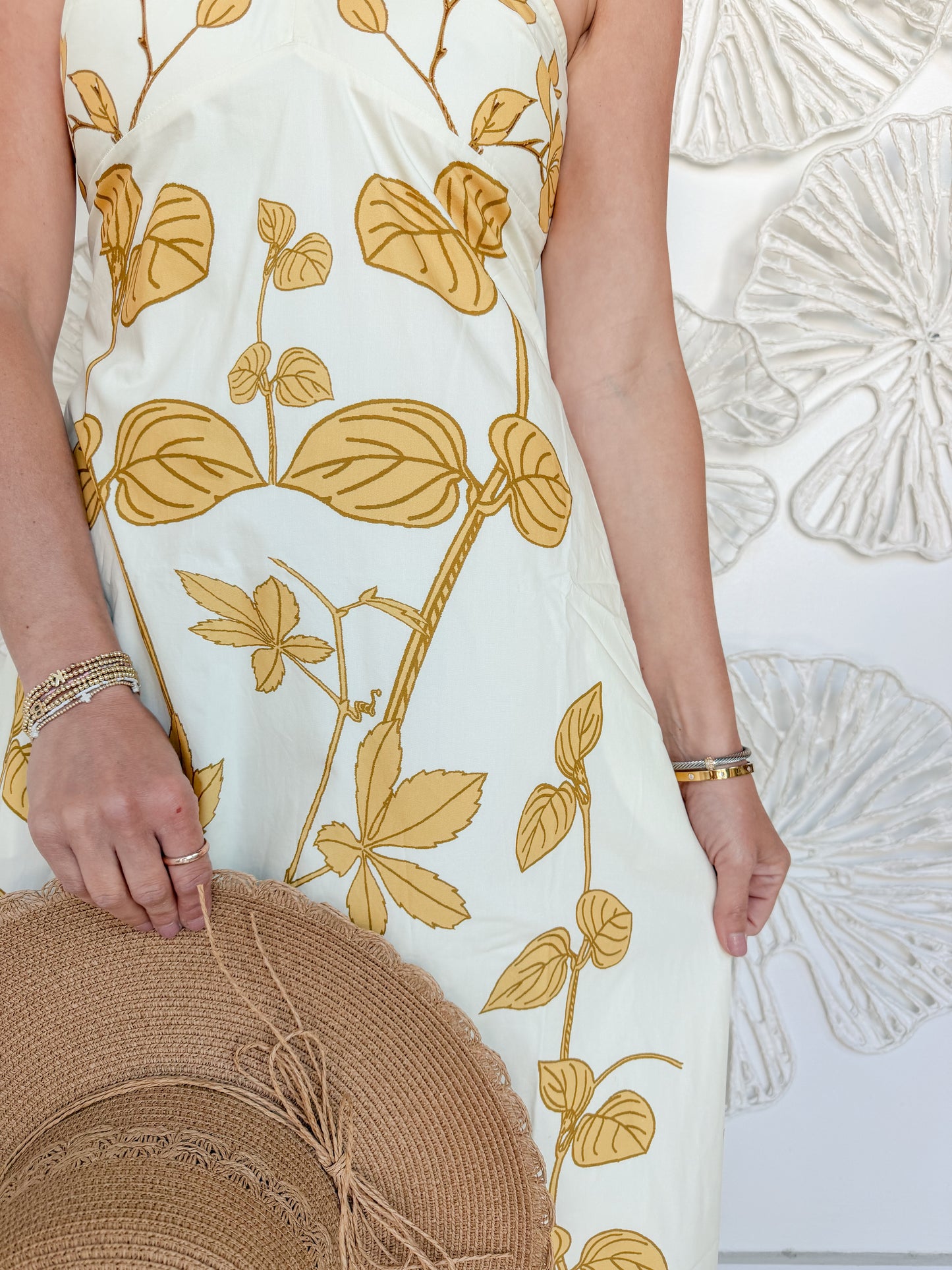 Summer Yellow Leaf Print Halter Maxi