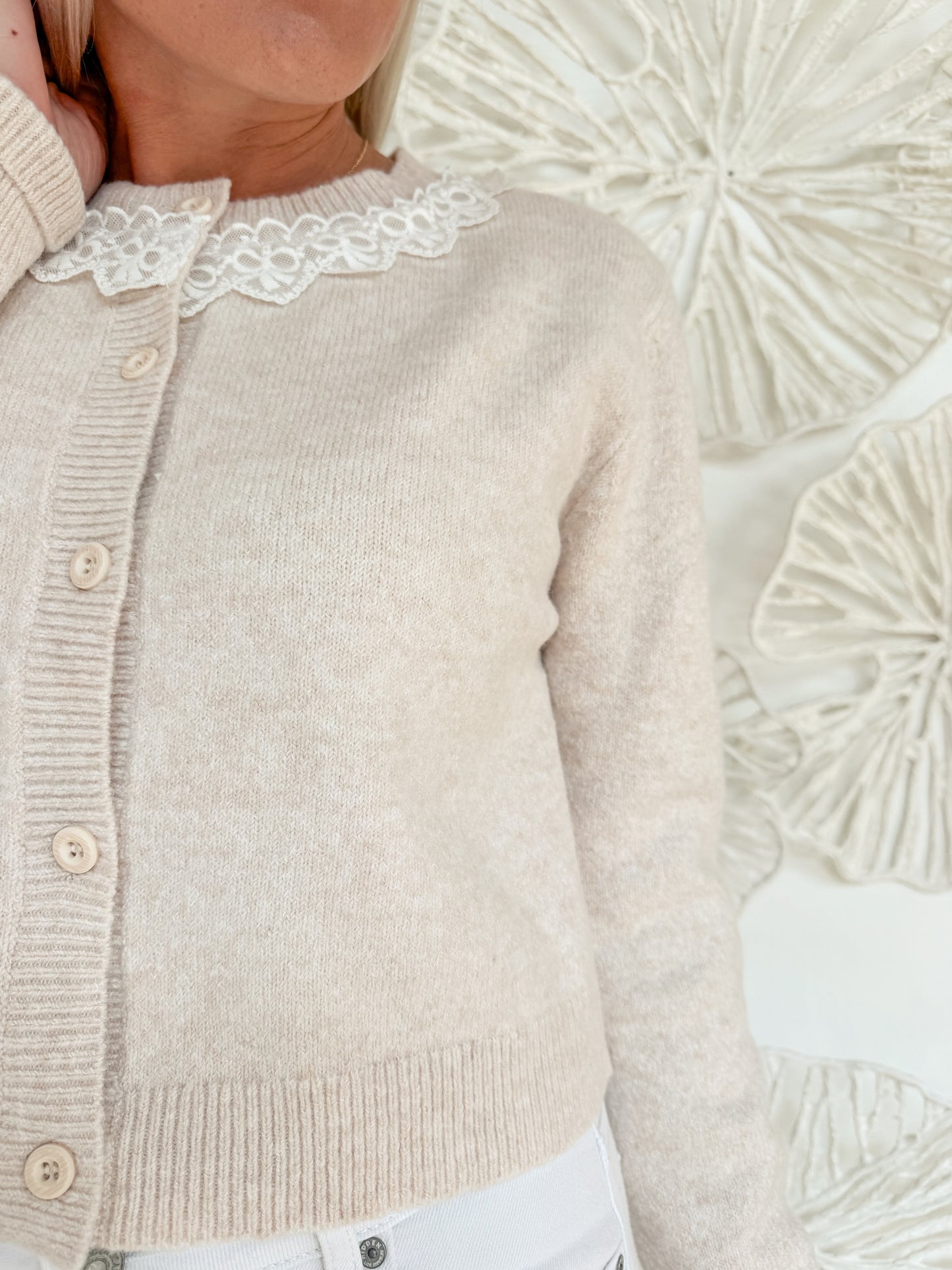 Cream Bow Lace Trim Cardigan