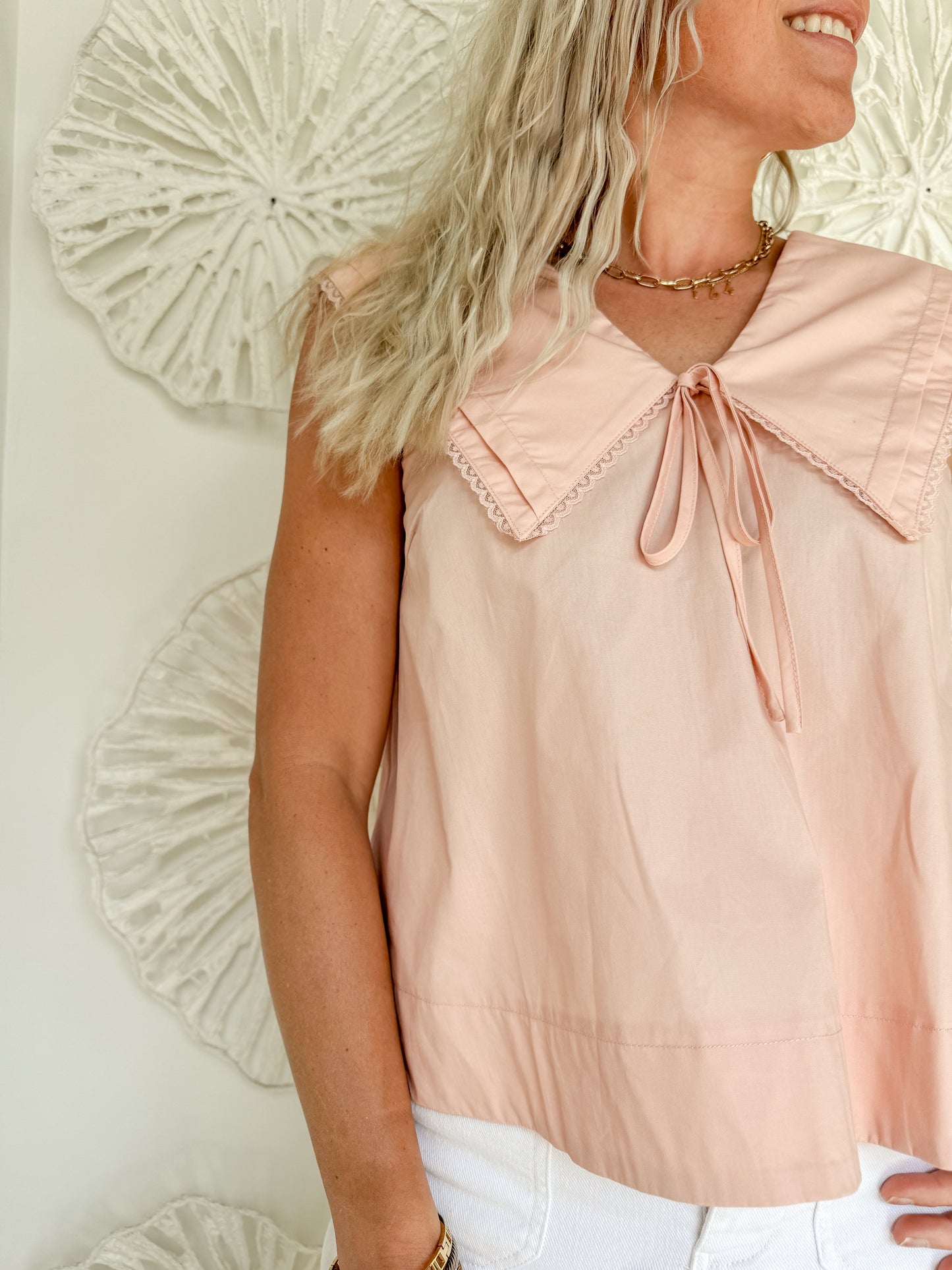Pink Lace Trim Collared Top