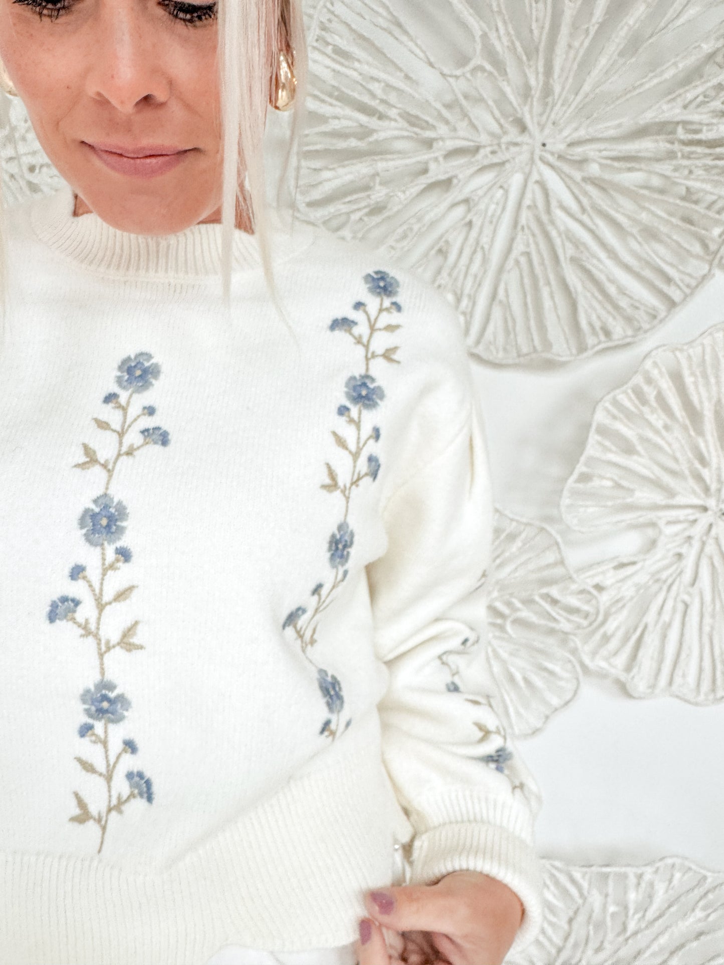 Cream Floral Embroidered Scalloped Sweater