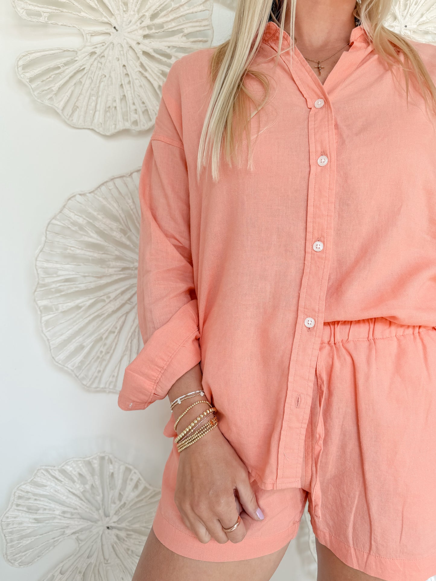 Coral Button Up Short Set