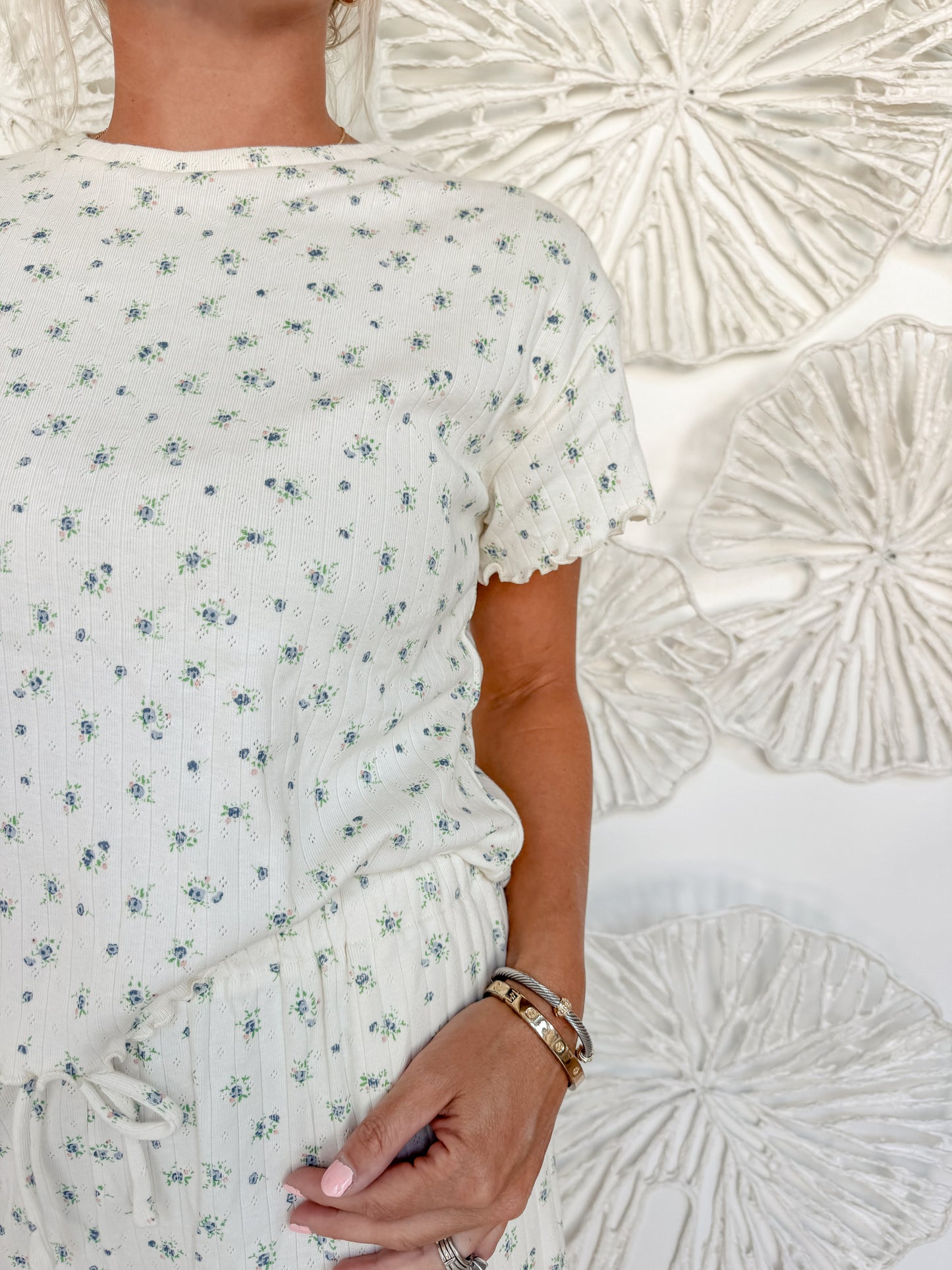 Cream Blue Floral Pajama Set