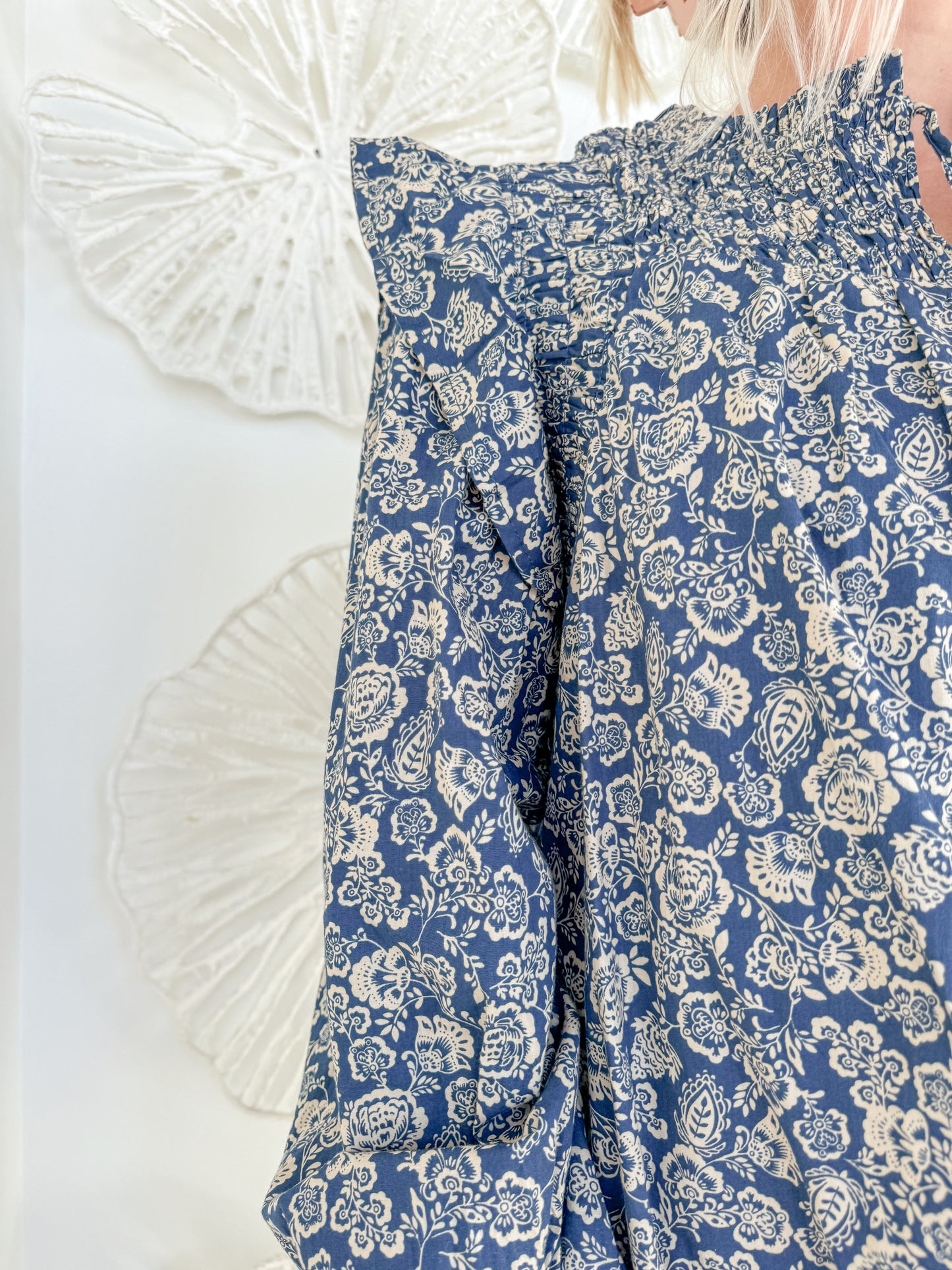 Navy Floral Print Long Sleeve Blouse