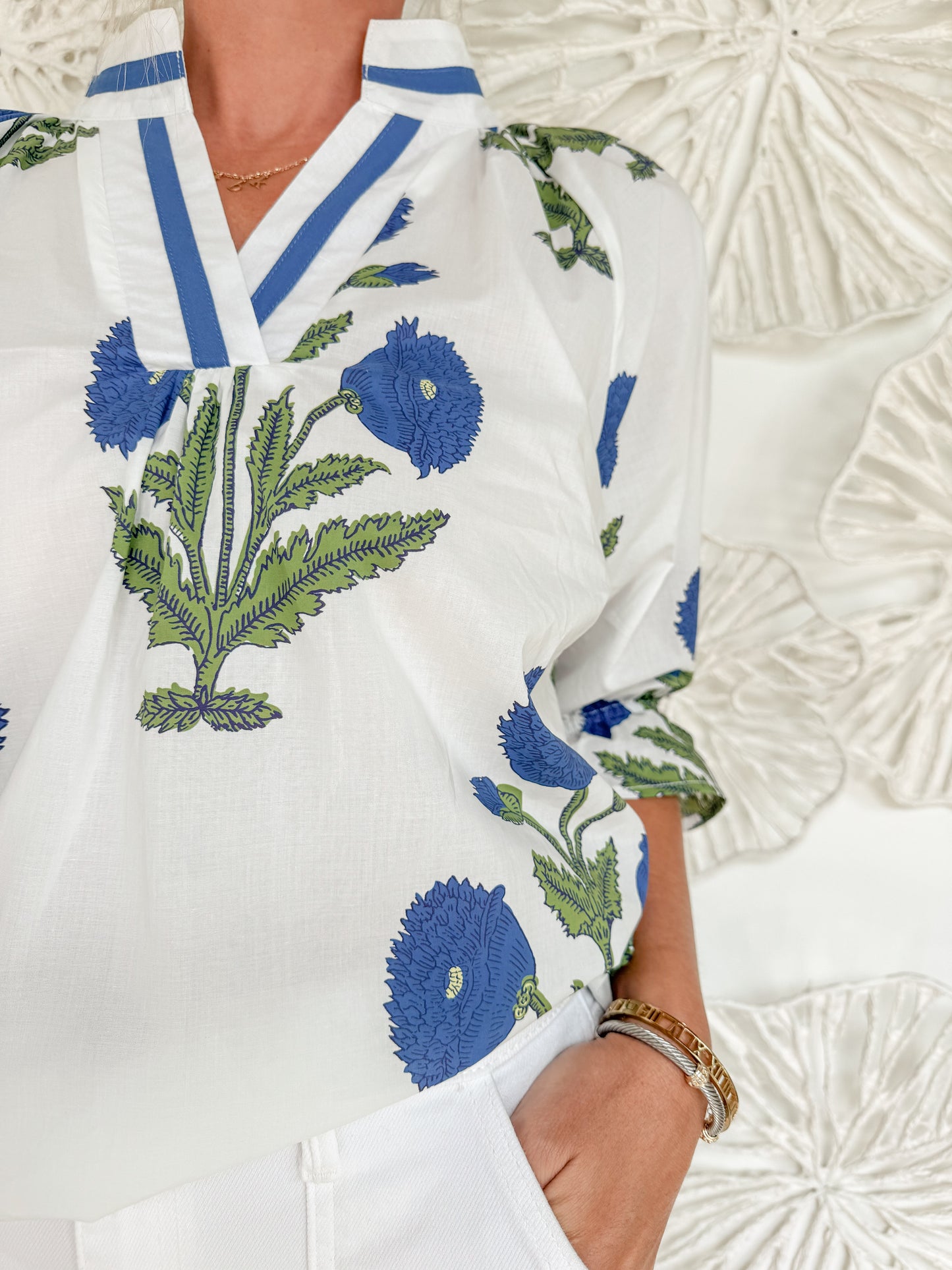 Blue Floral Motif VNeck Blouse