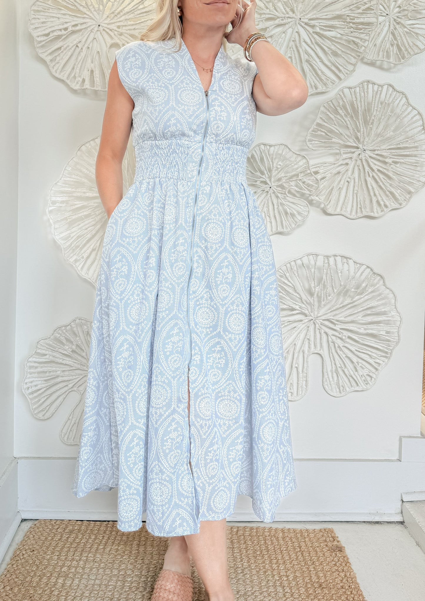 Blue Smocked Waist Midi