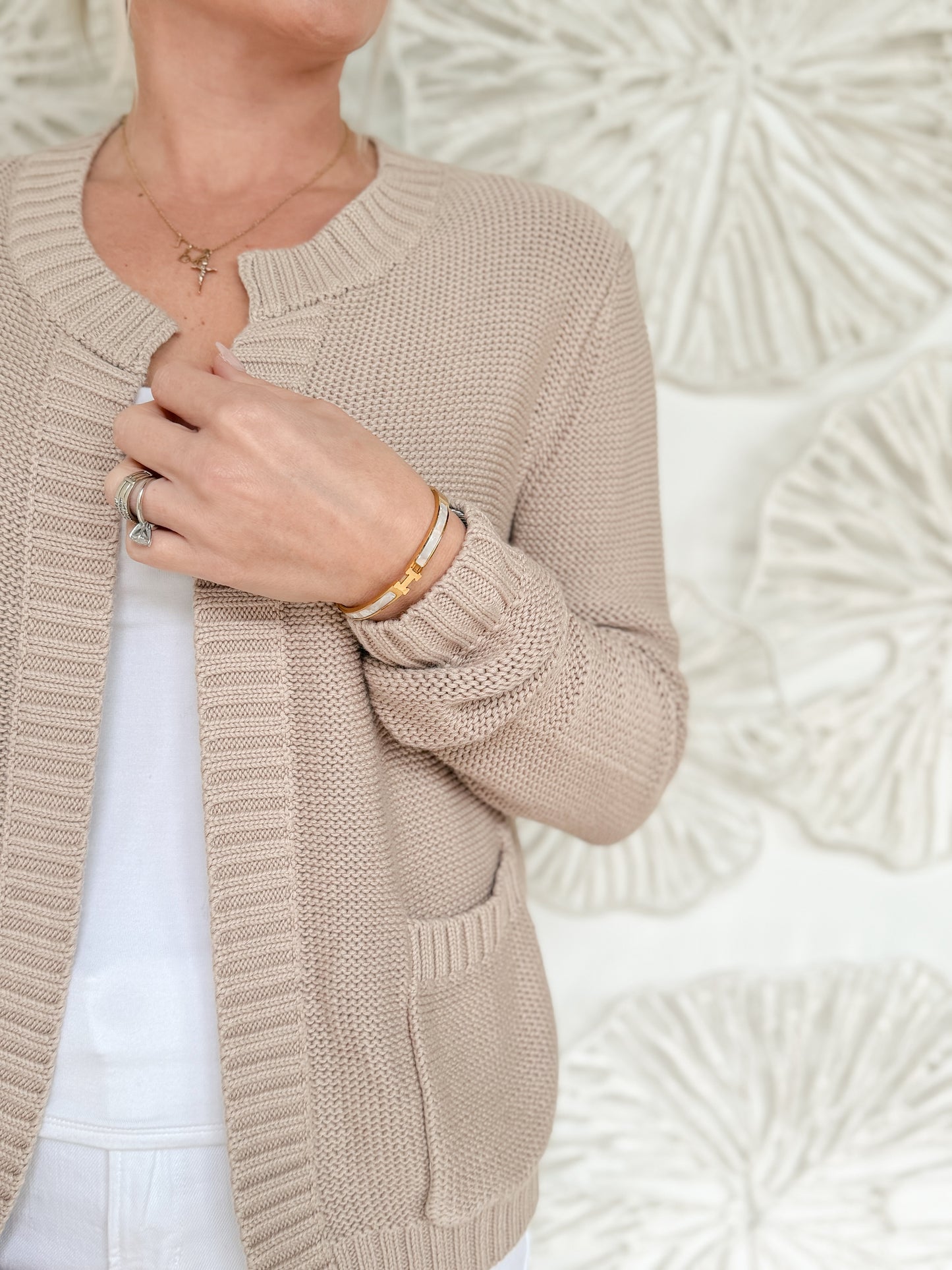Natural Cardigan with Ribbed Detail