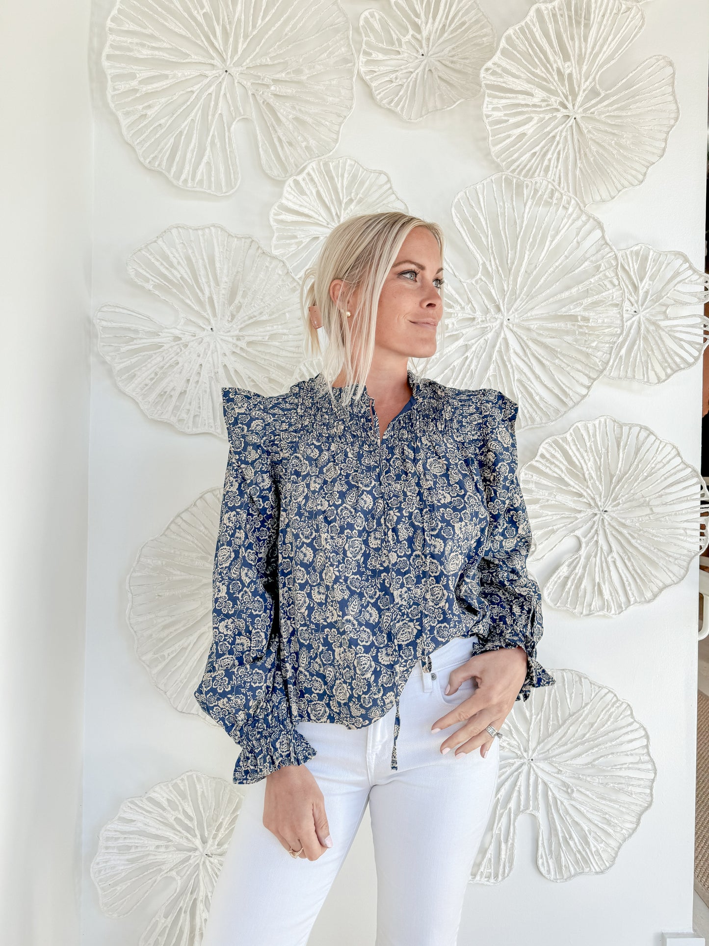 Navy Floral Print Long Sleeve Blouse