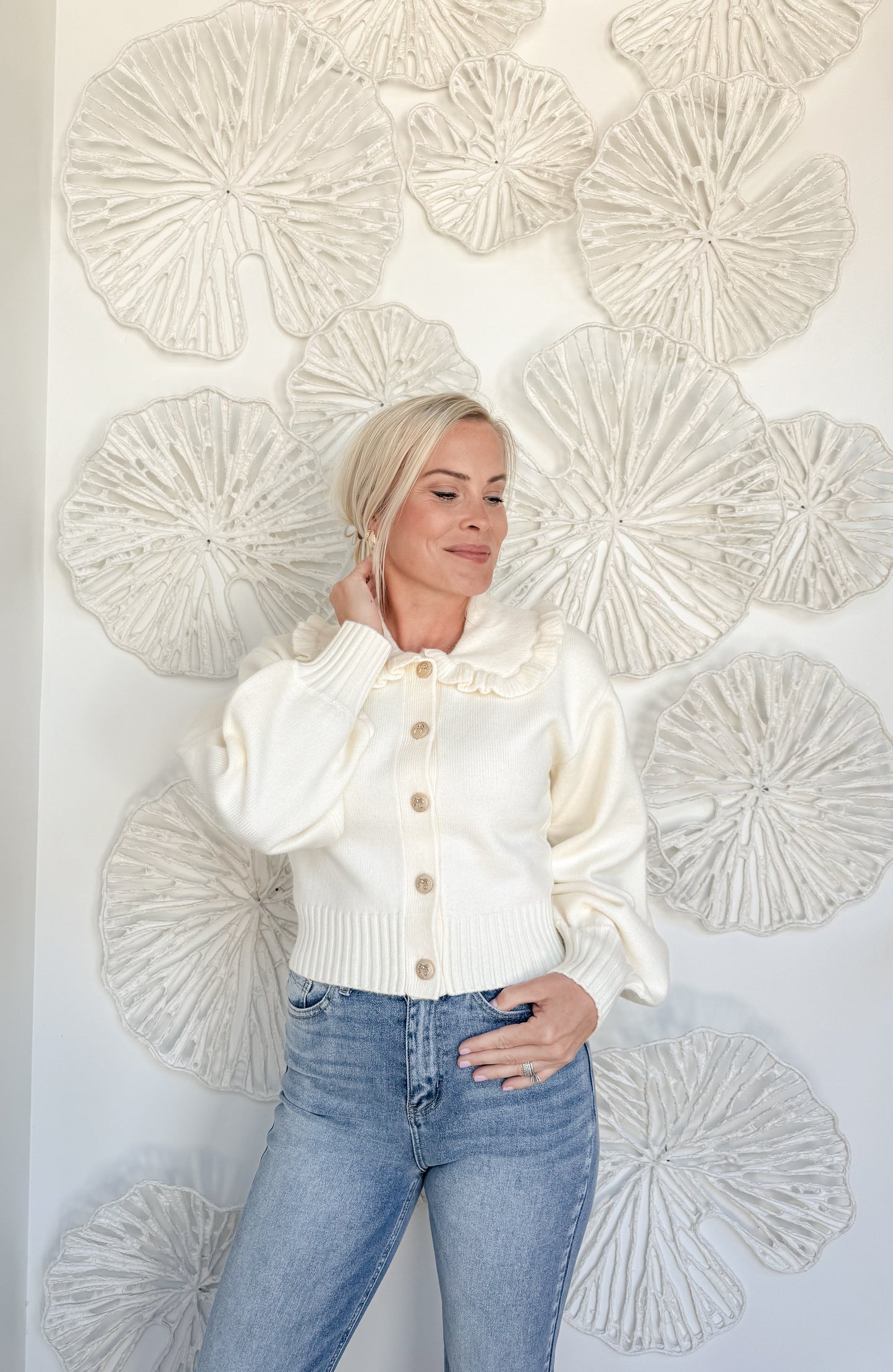 Cream Collared Sweater With Bow Buttons