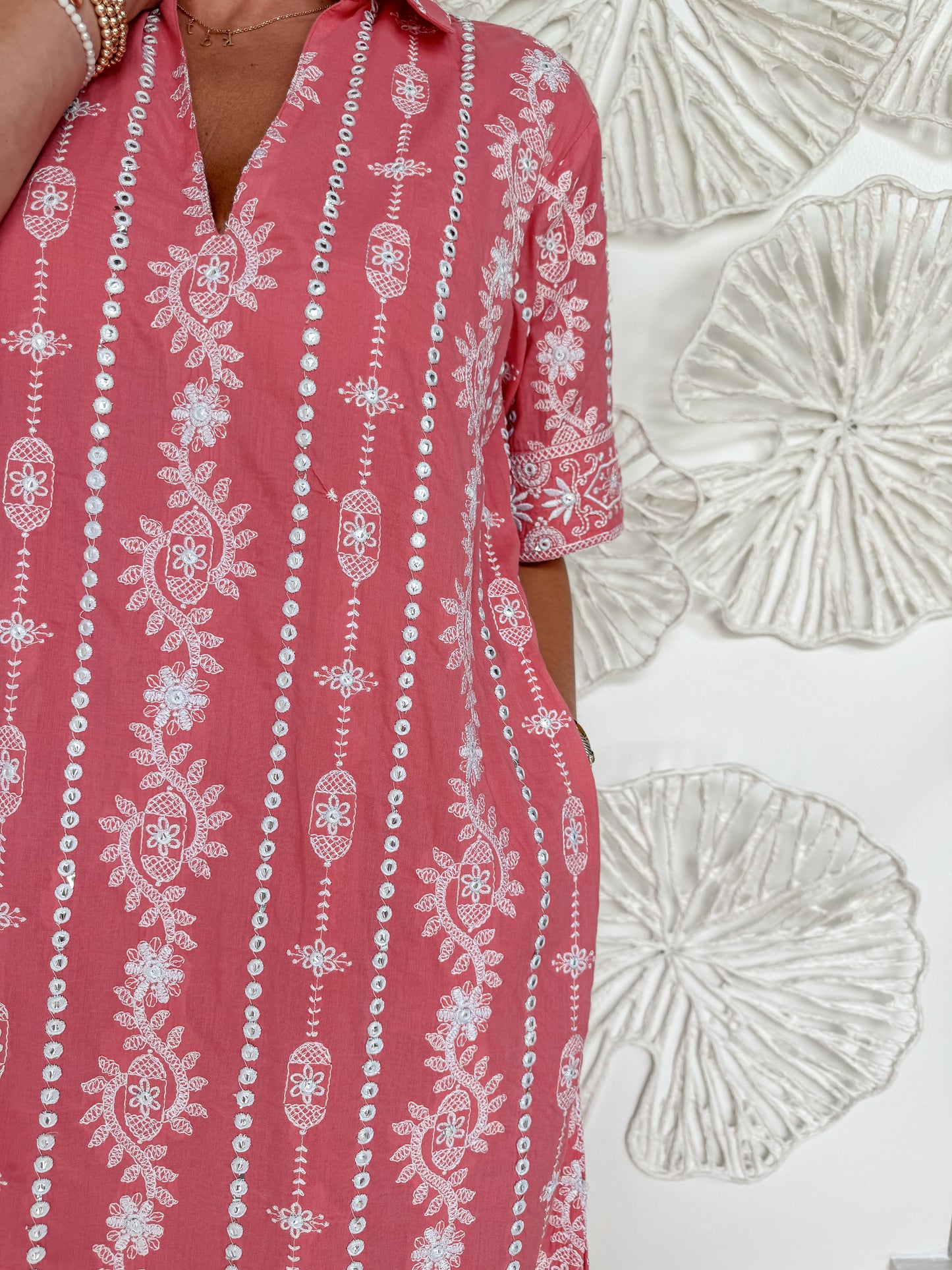 Pink Embroidery Collared Maxi