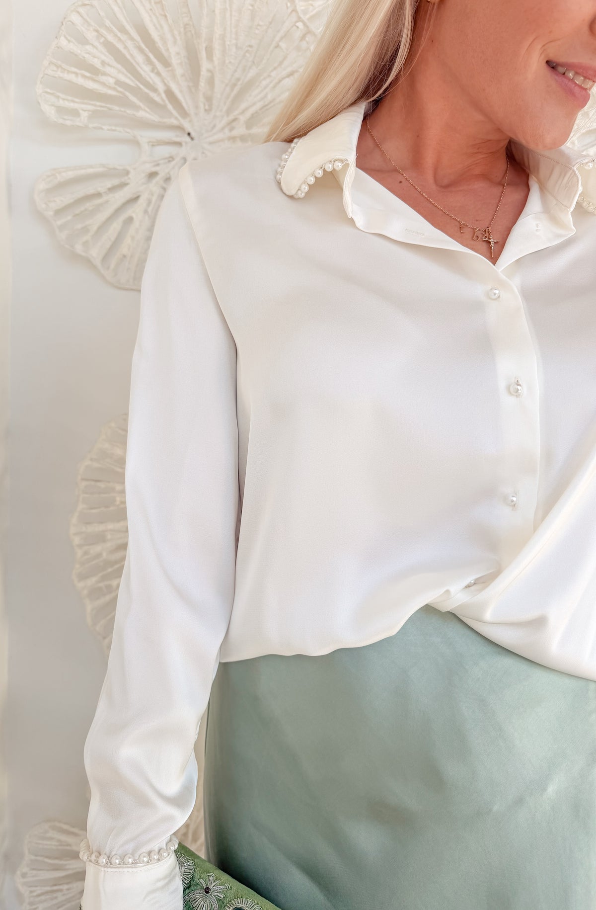 Cream Pearl Detail Satin Button Blouse