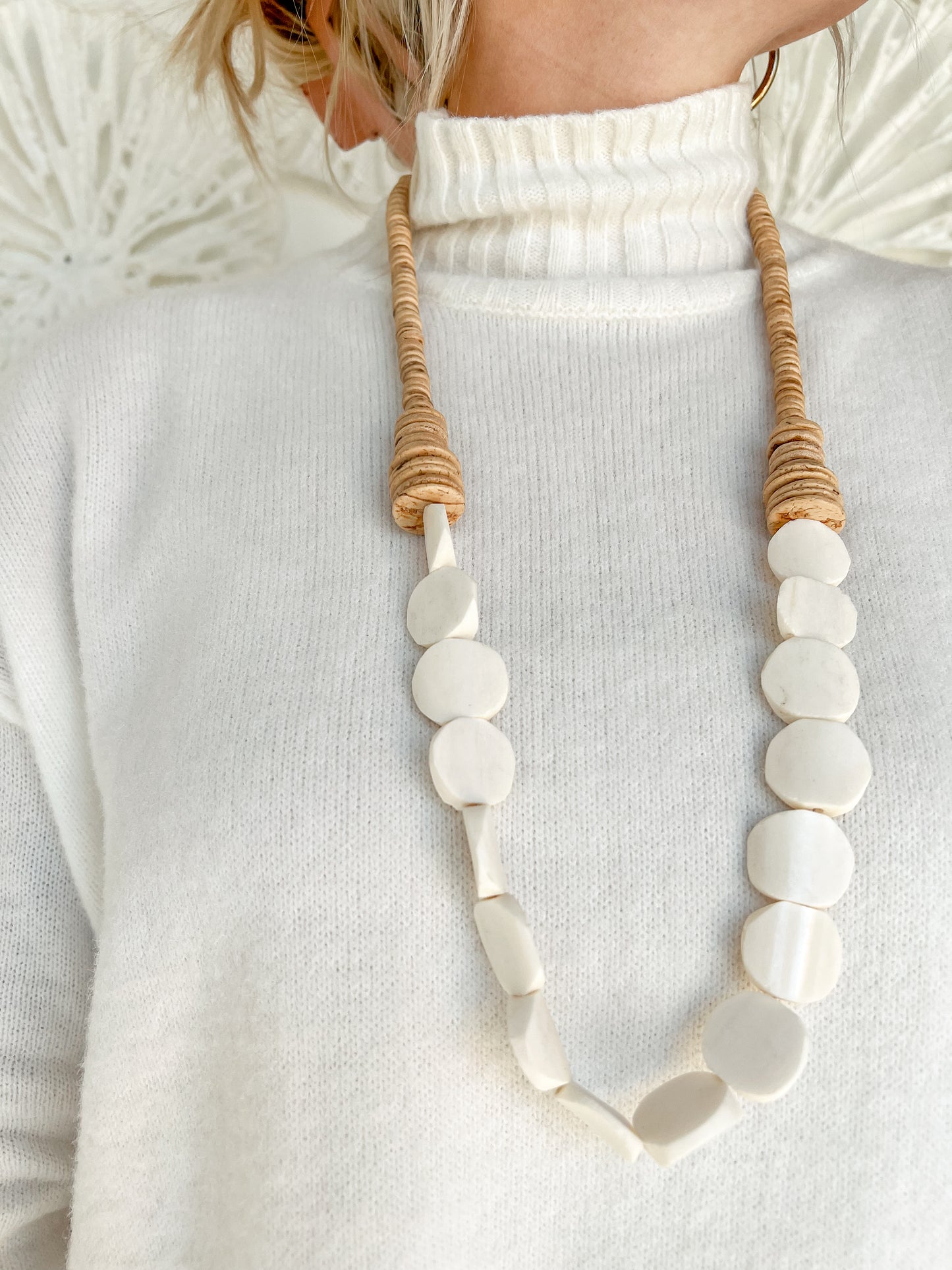 White Bone Bead Long Necklace