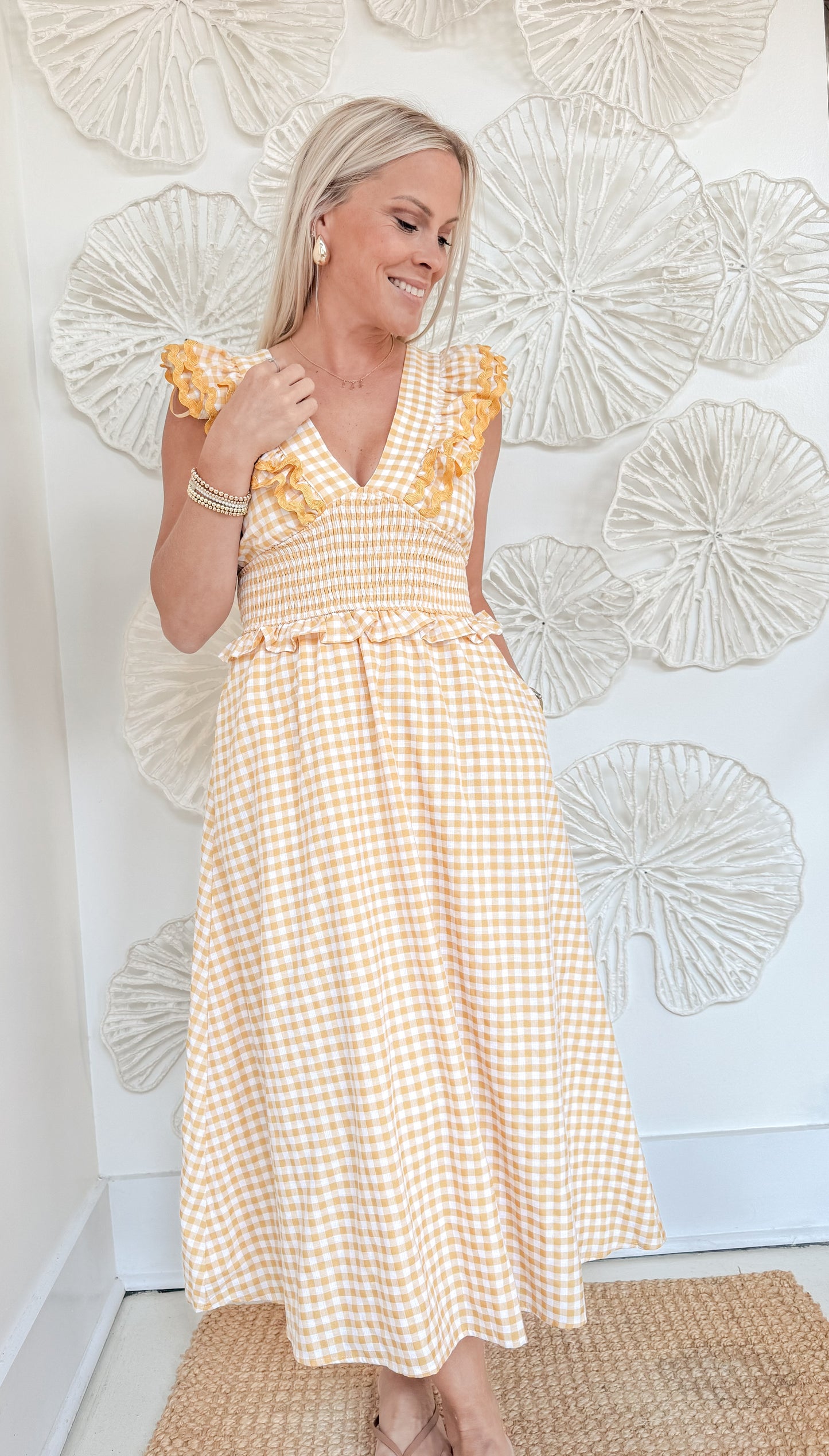 Yellow Gingham VNeck Maxi