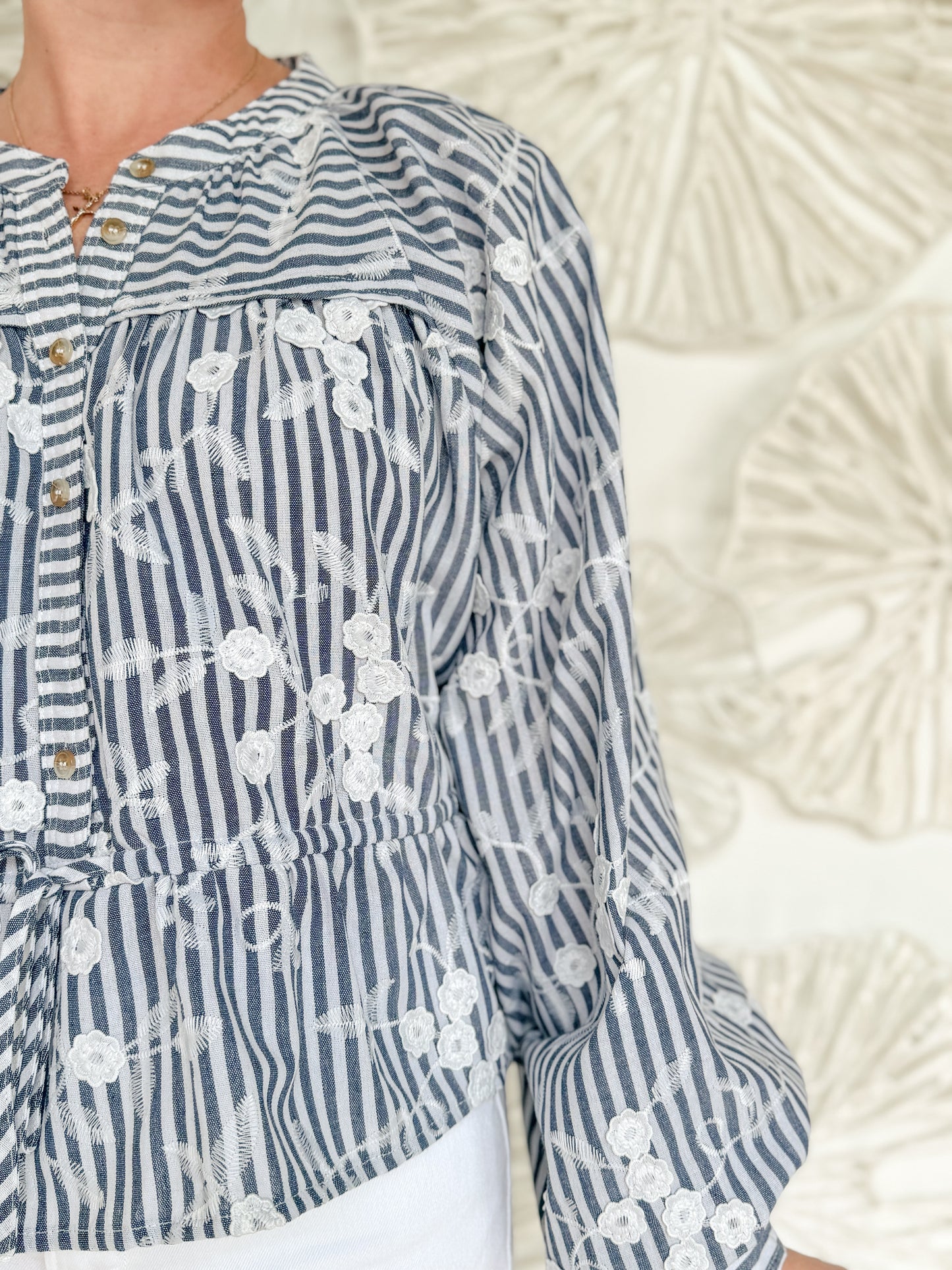 Blue Striped Floral Front Tie Blouse