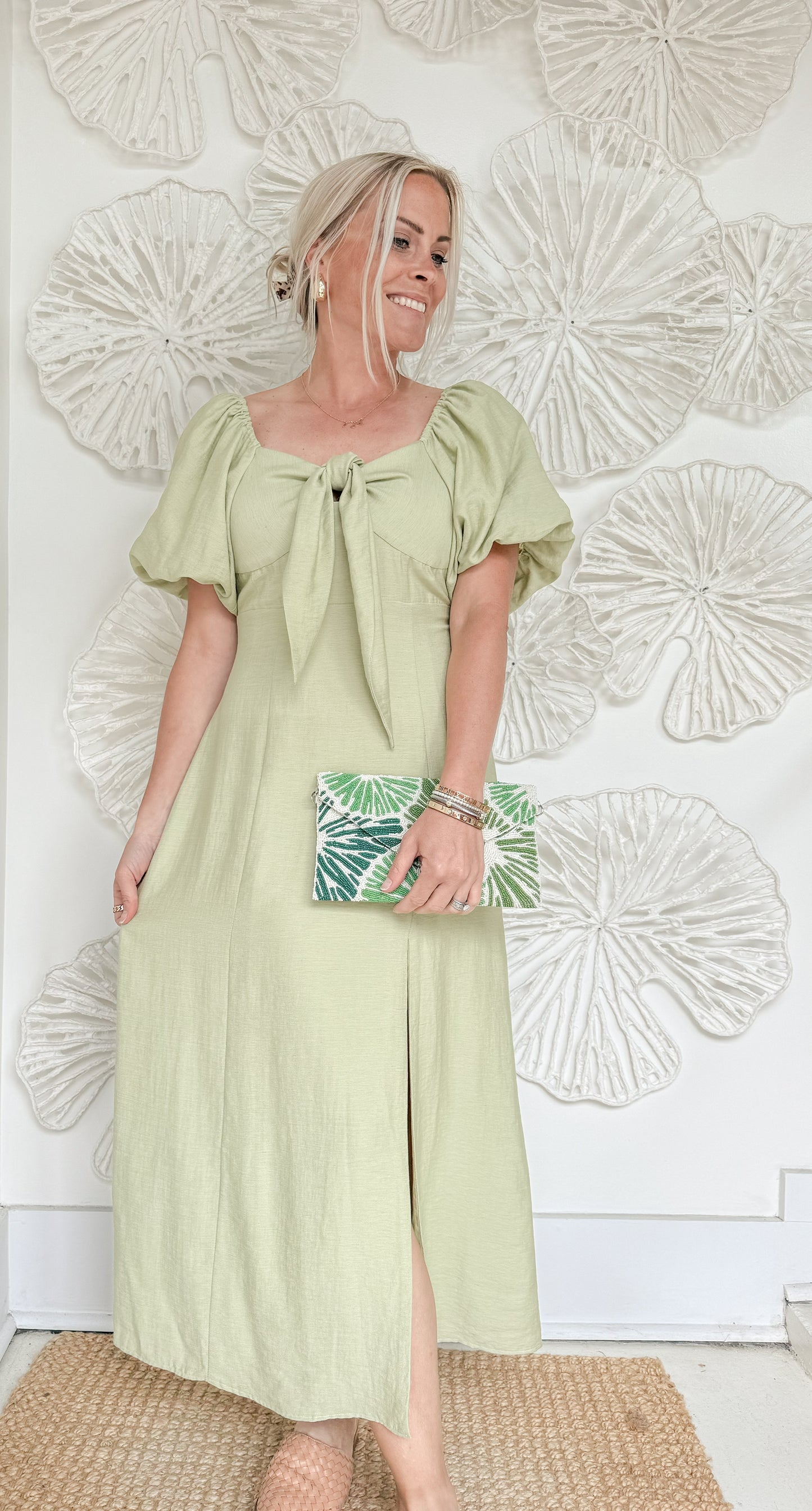 Green Front Tie with Bubble Sleeves