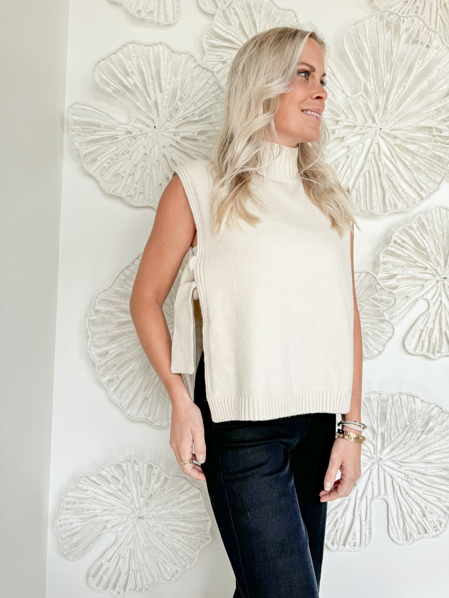 Cream Side Tie Sweater