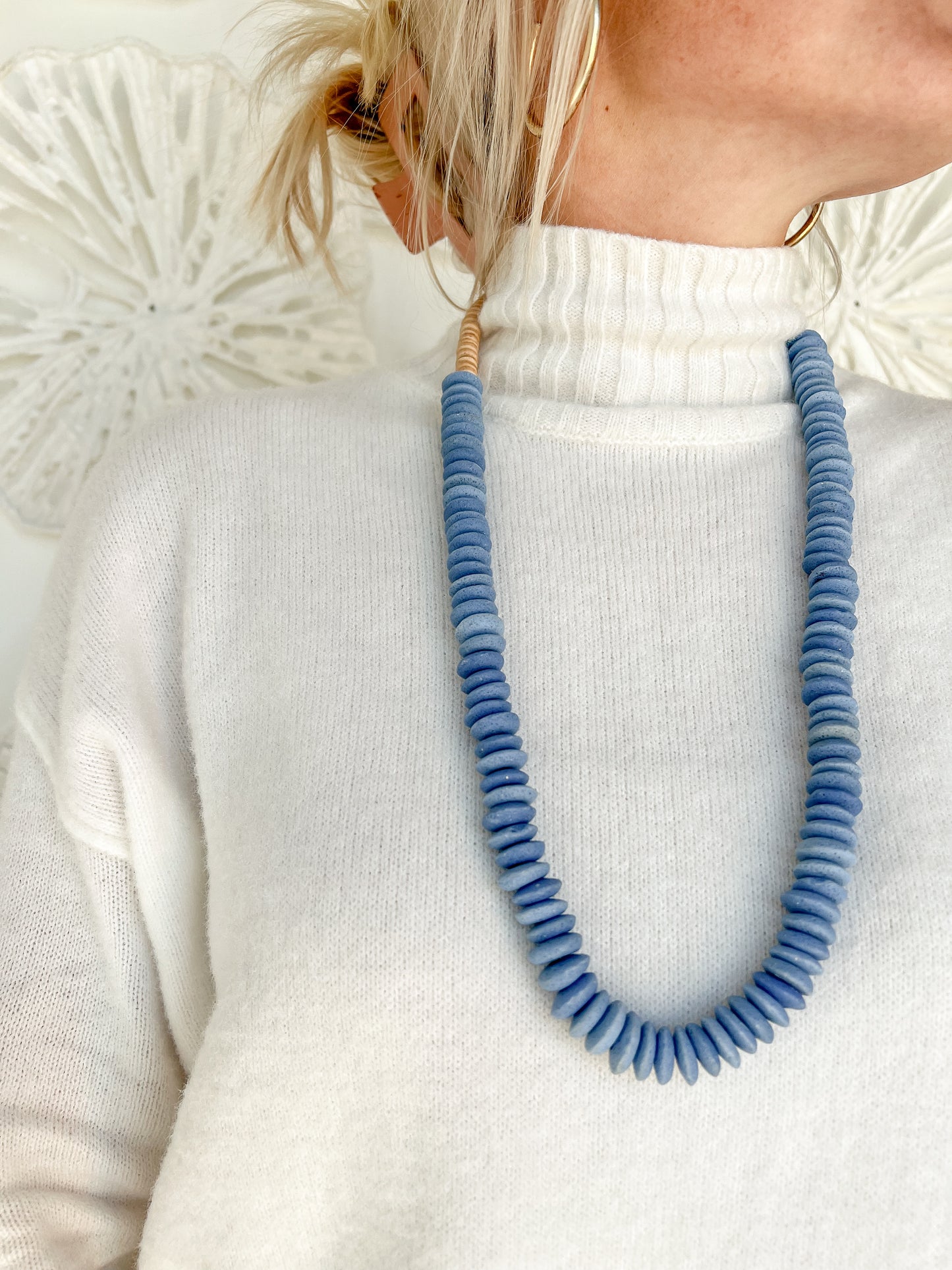 Sky Blue Wood Bead Long Necklace
