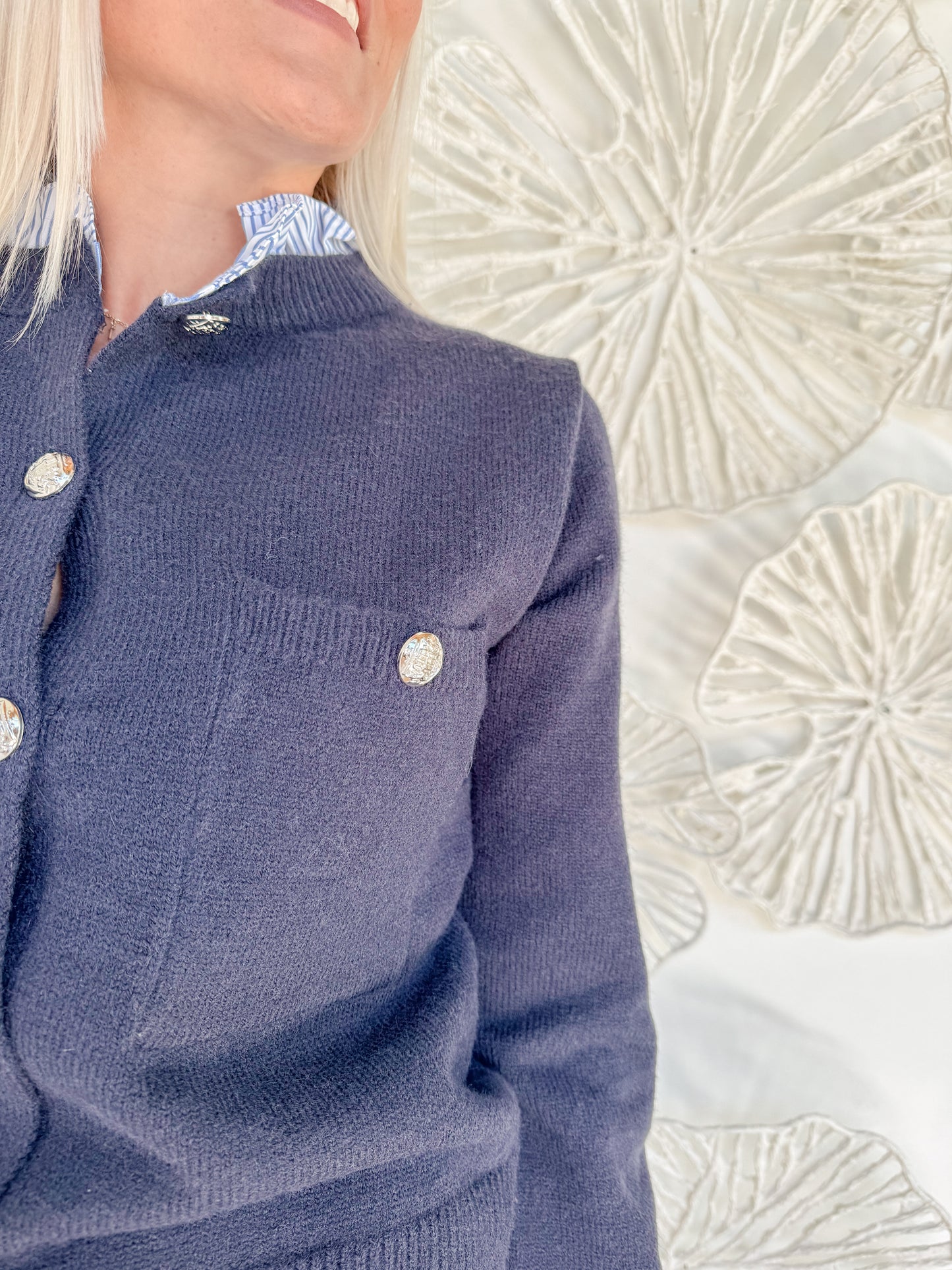 Navy Blue Button Sweater with Ruffle Collar