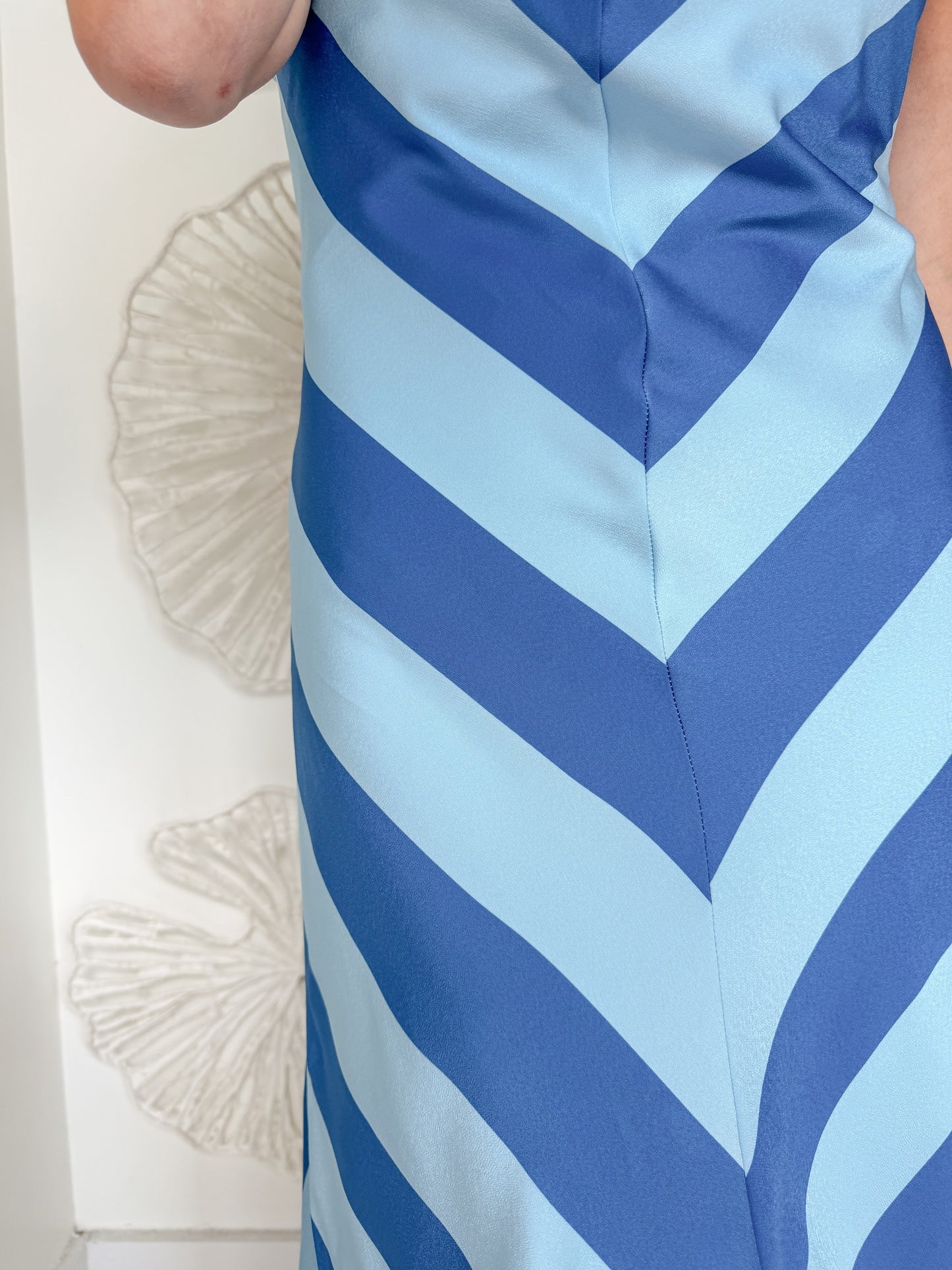 Blue Chevron Striped Halter Satin Maxi