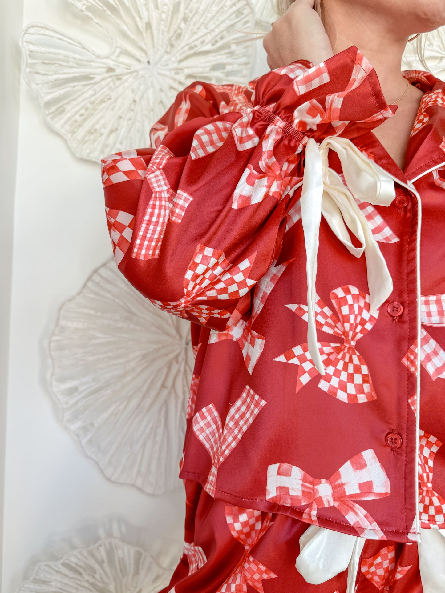Red Checkered Bow Satin Pajamas