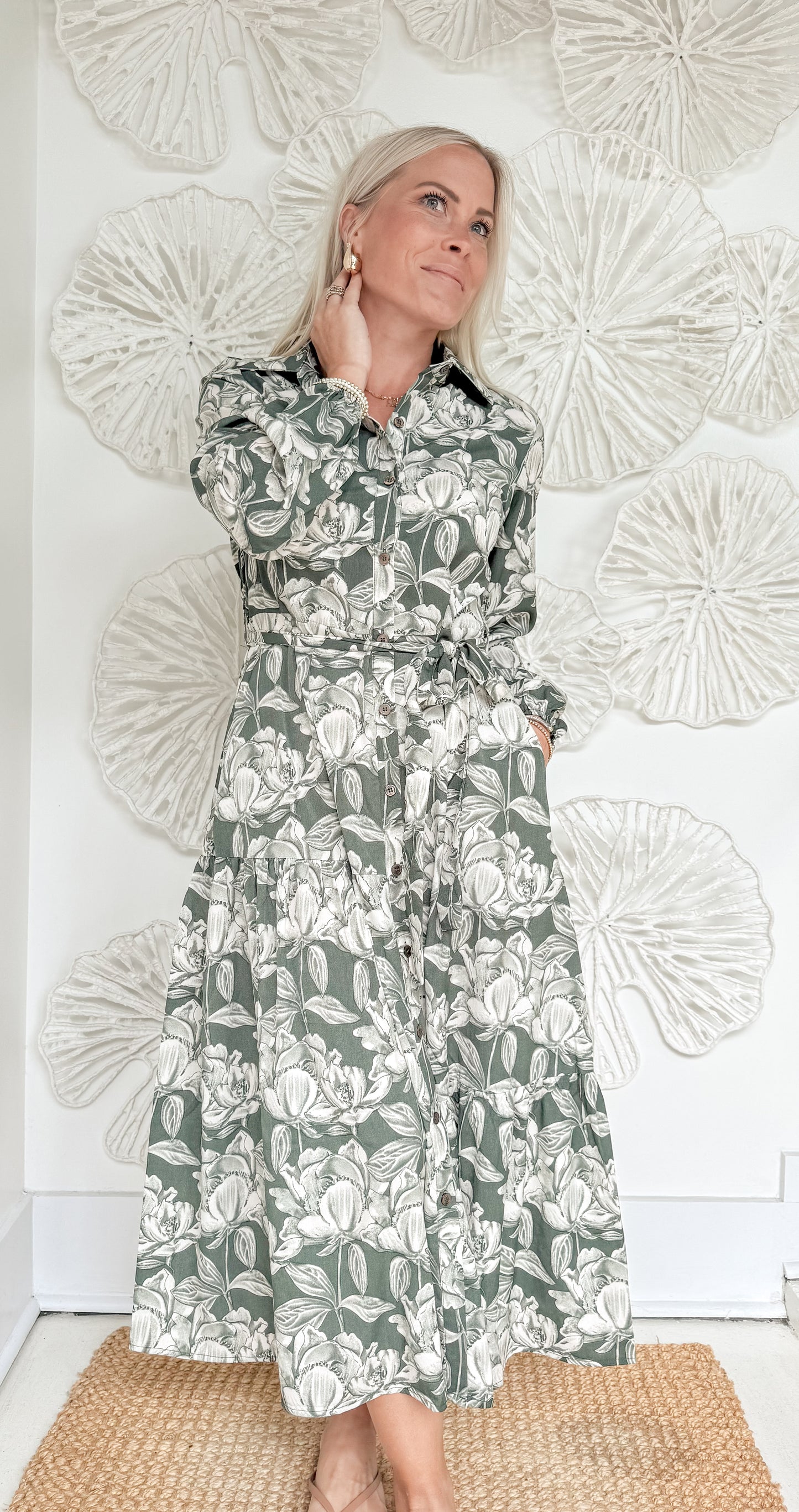 Olive Floral Print Silk Maxi