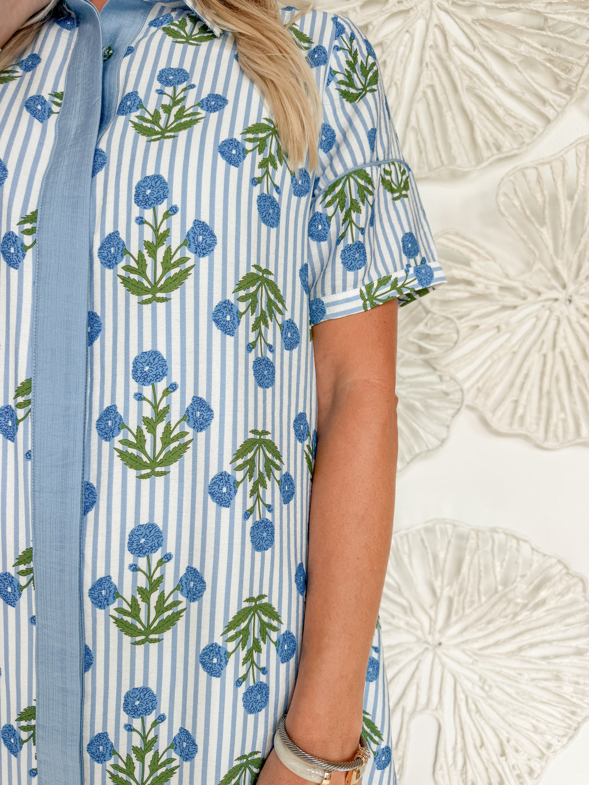Light Blue Striped Motiff Collared Midi