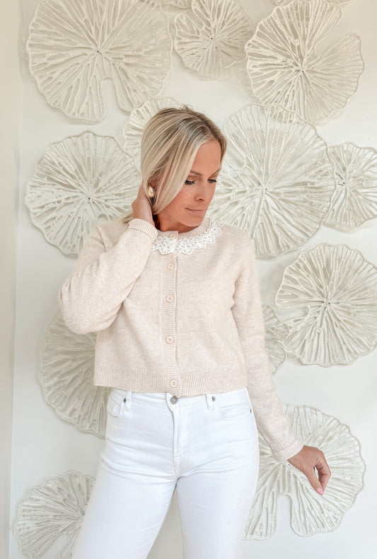 Cream Bow Lace Trim Cardigan