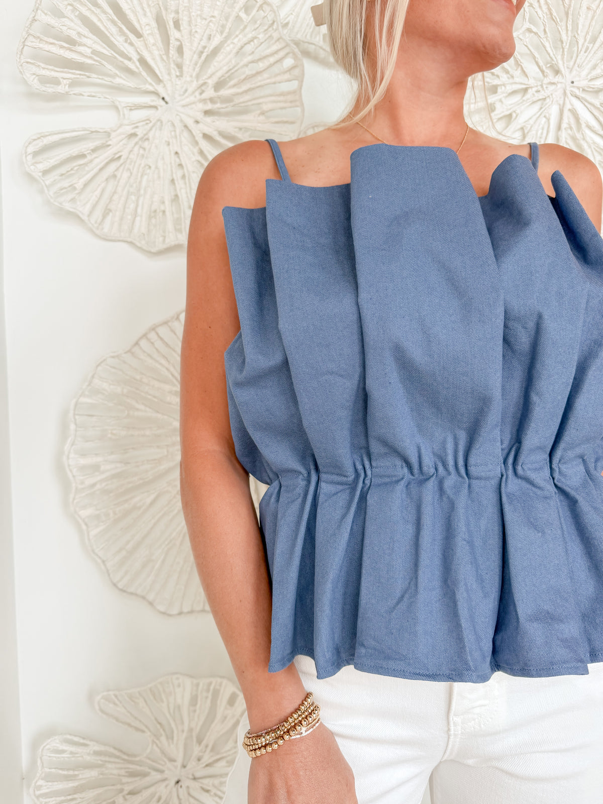 Denim Blue Strap Pleated Blouse