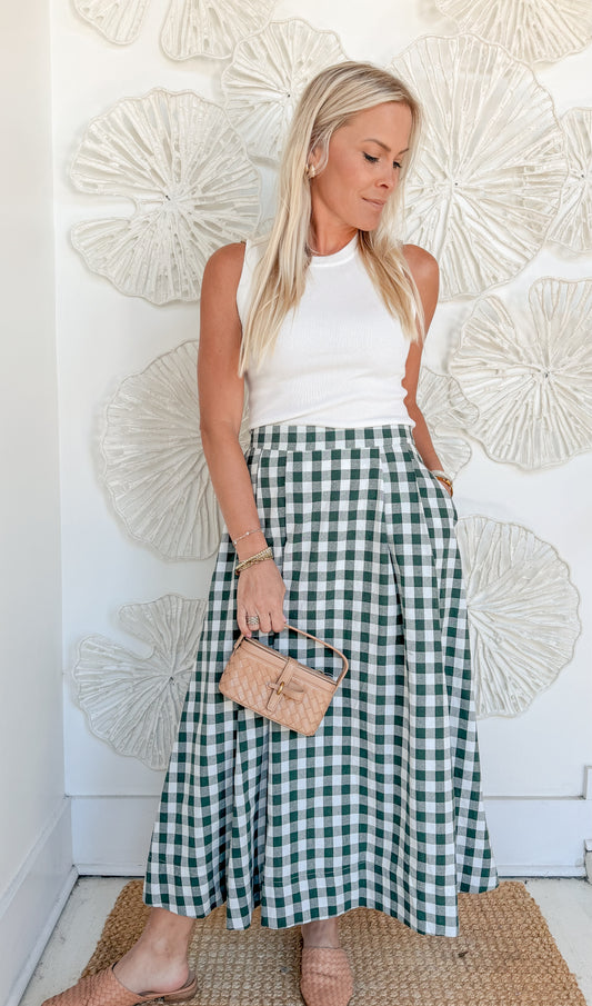 Green Gingham Midi Skirt