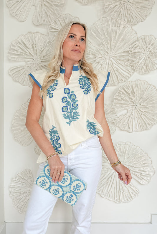 Ivory Blue Floral Embroidered Blouse