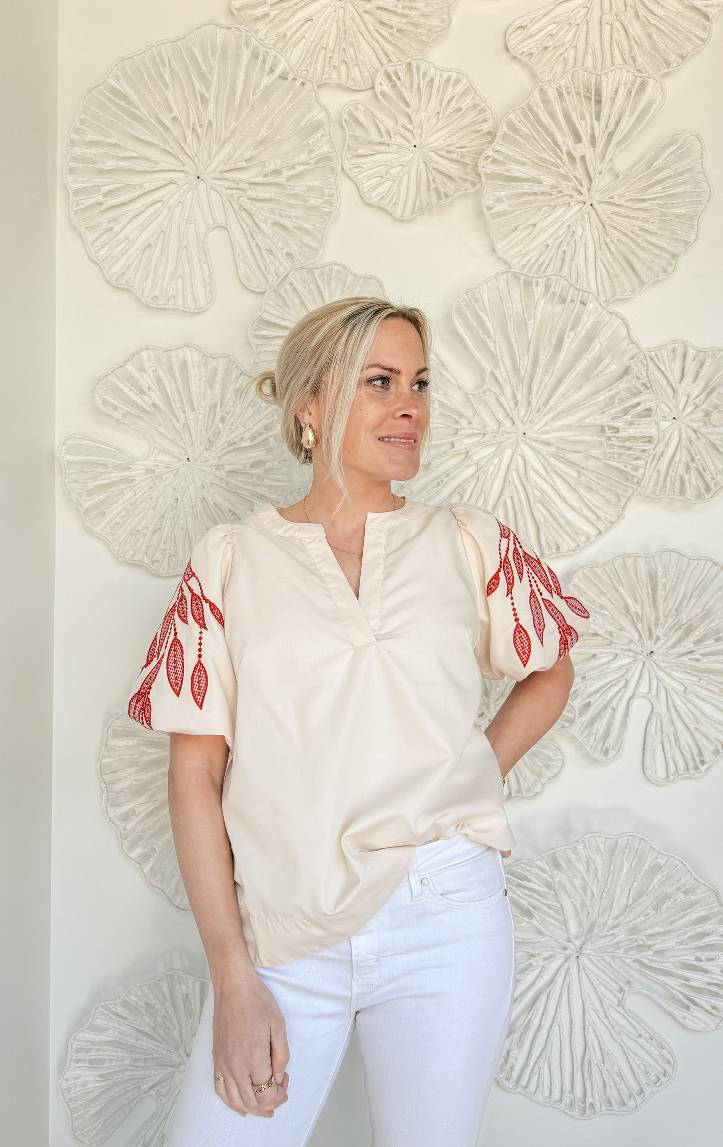 Cream/Red Embroidered Blouse