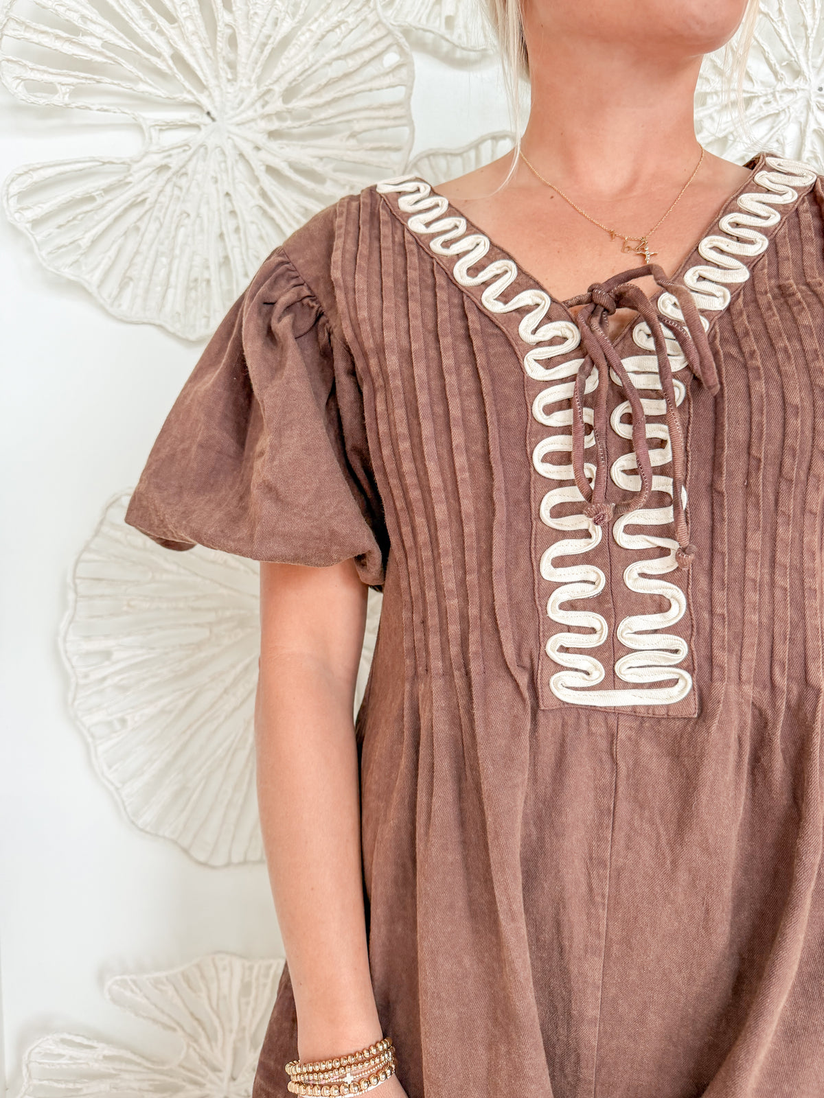 Brown Cream Trim Embroidered Romper