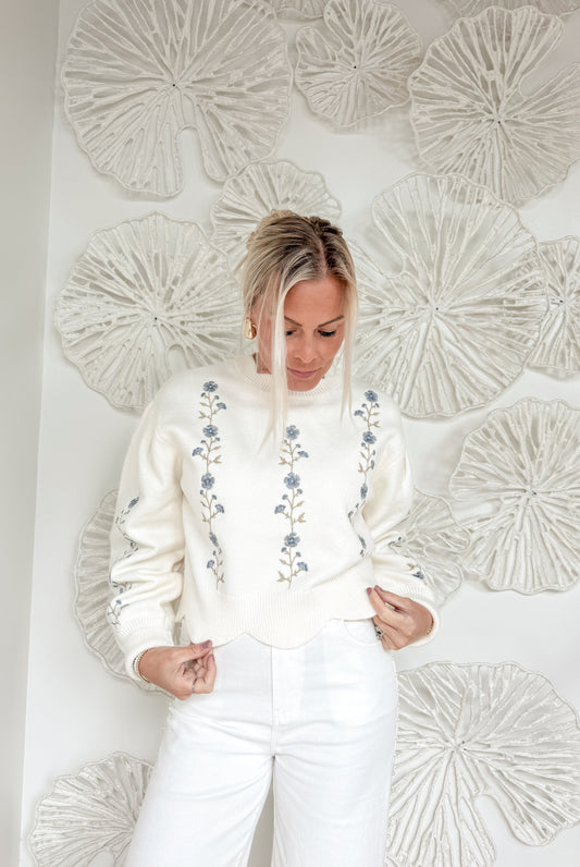 Cream Floral Embroidered Scalloped Sweater