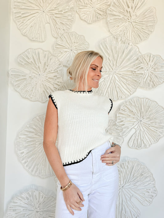 White/Black Trim Sleeveless Sweater