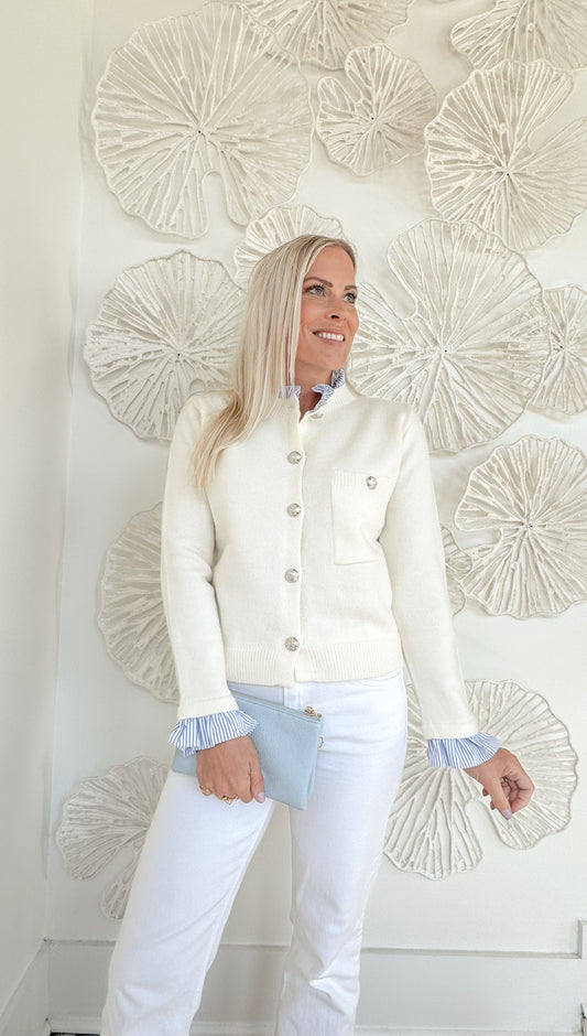 Cream Blue Ruffle Collared Button Sweater