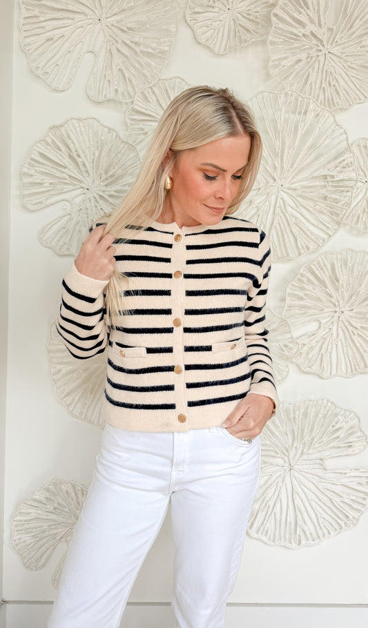 Navy/Cream Striped Button Cardigan