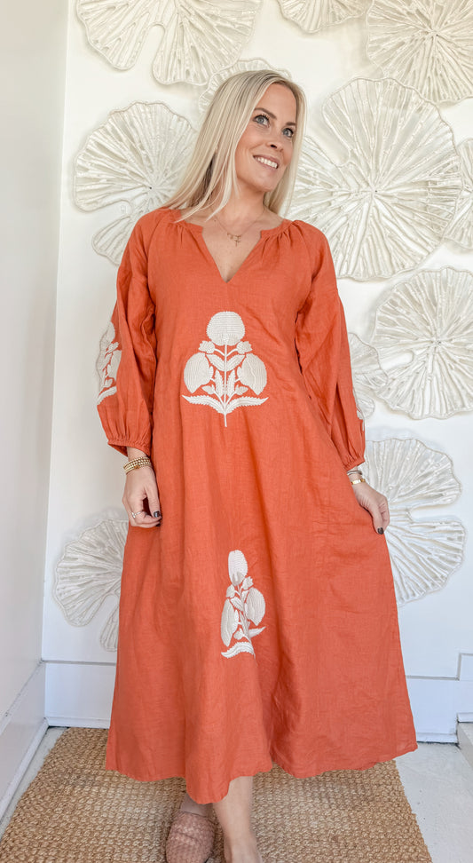 Fall Orange Floral Embroidered Maxi