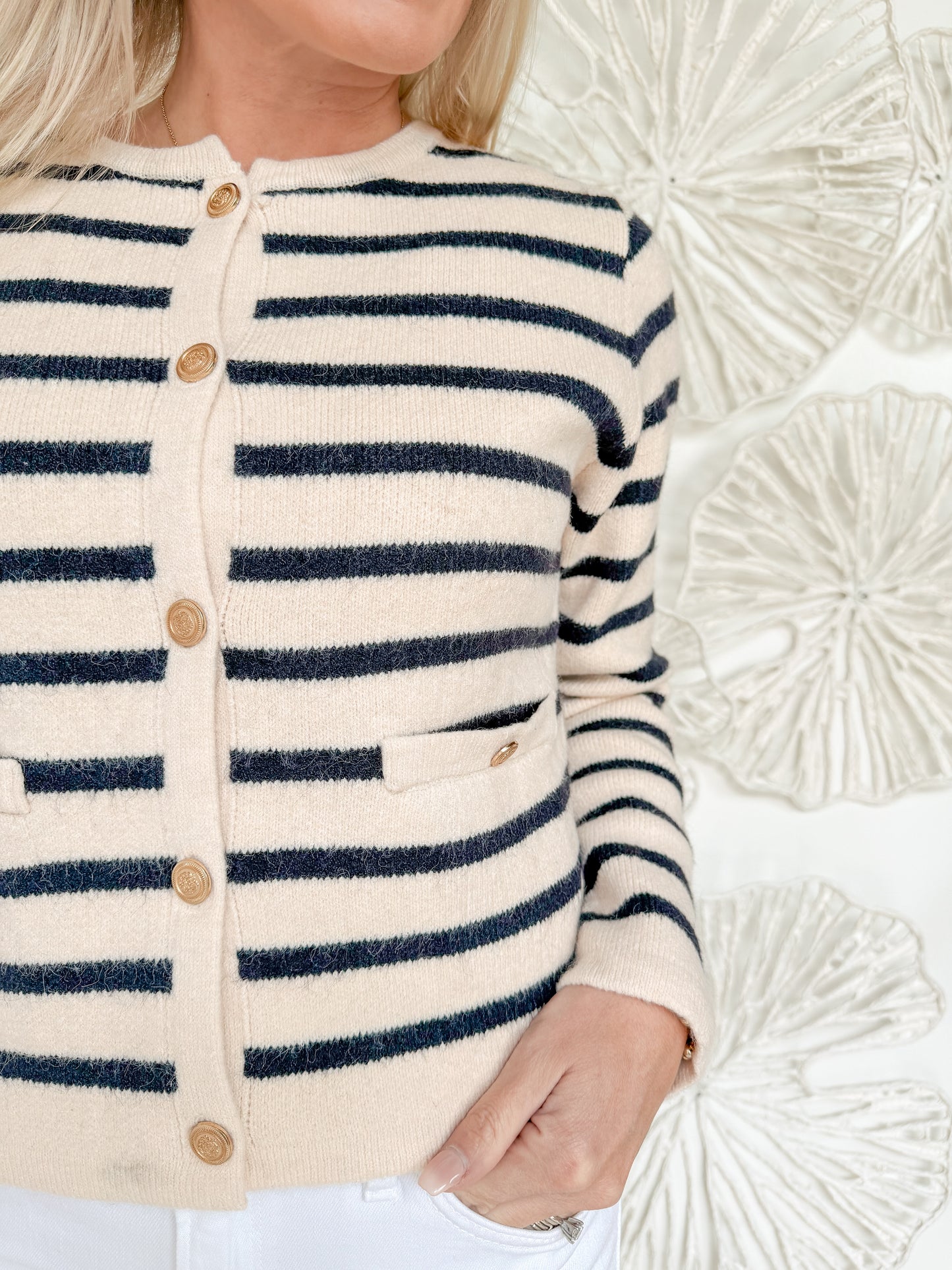 Navy/Cream Striped Button Cardigan
