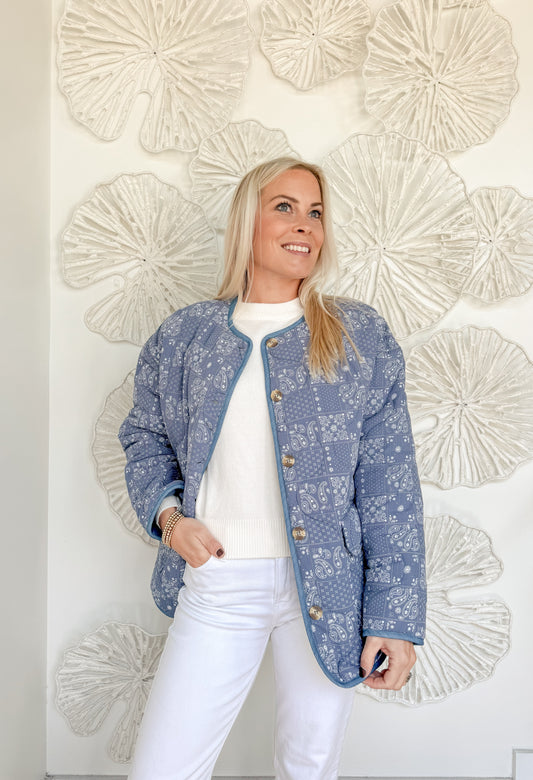 Blue Paisley Print Button Jacket