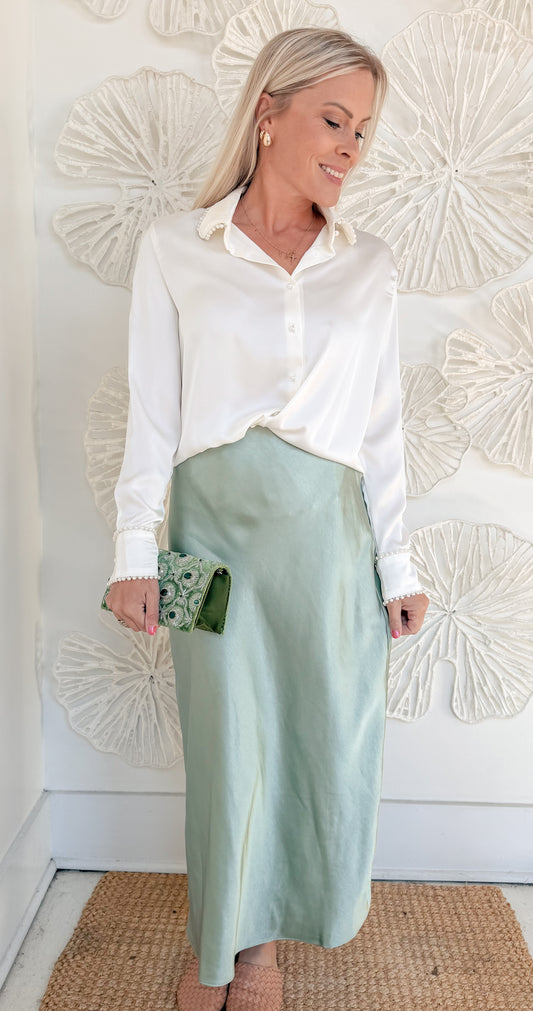 Cream Pearl Detail Satin Button Blouse