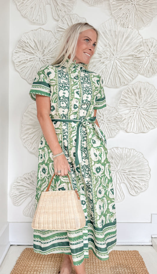 Green Floral Print Waist Tie Maxi