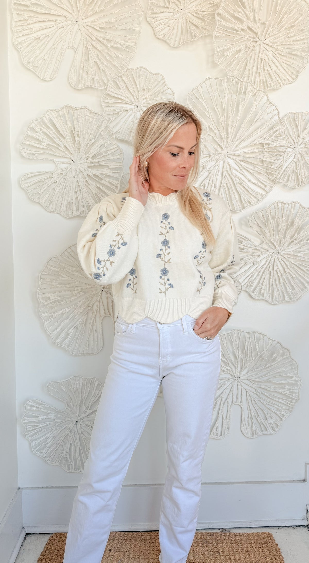 Cream Floral Embroidered Scallop Sweater