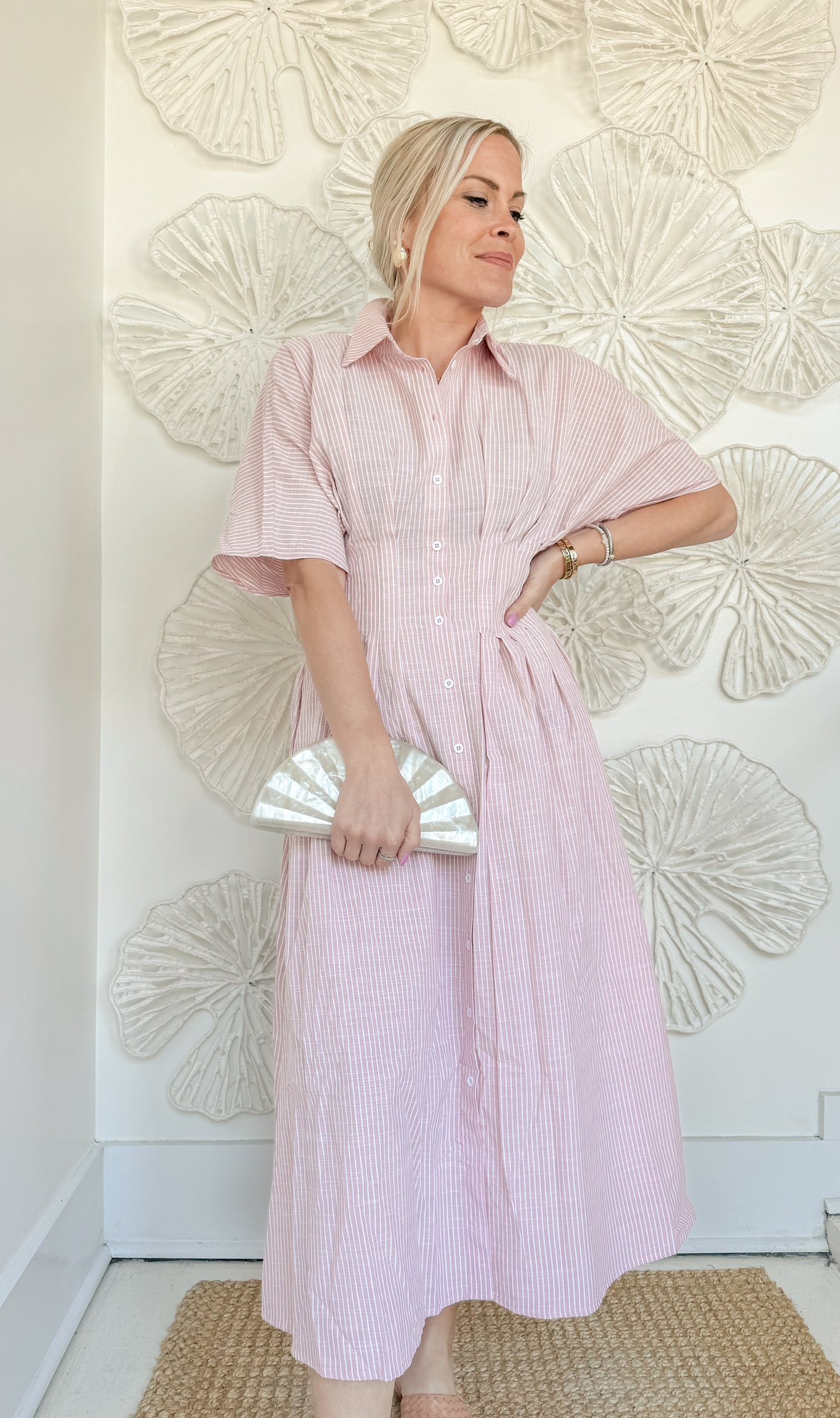 Pink Pintuck Striped Midi