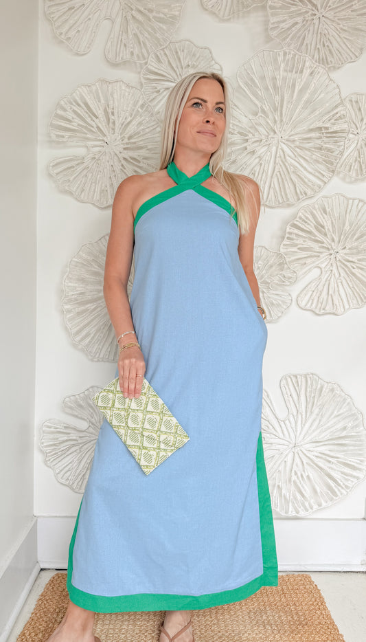 Blue/Green Cross Halter Maxi