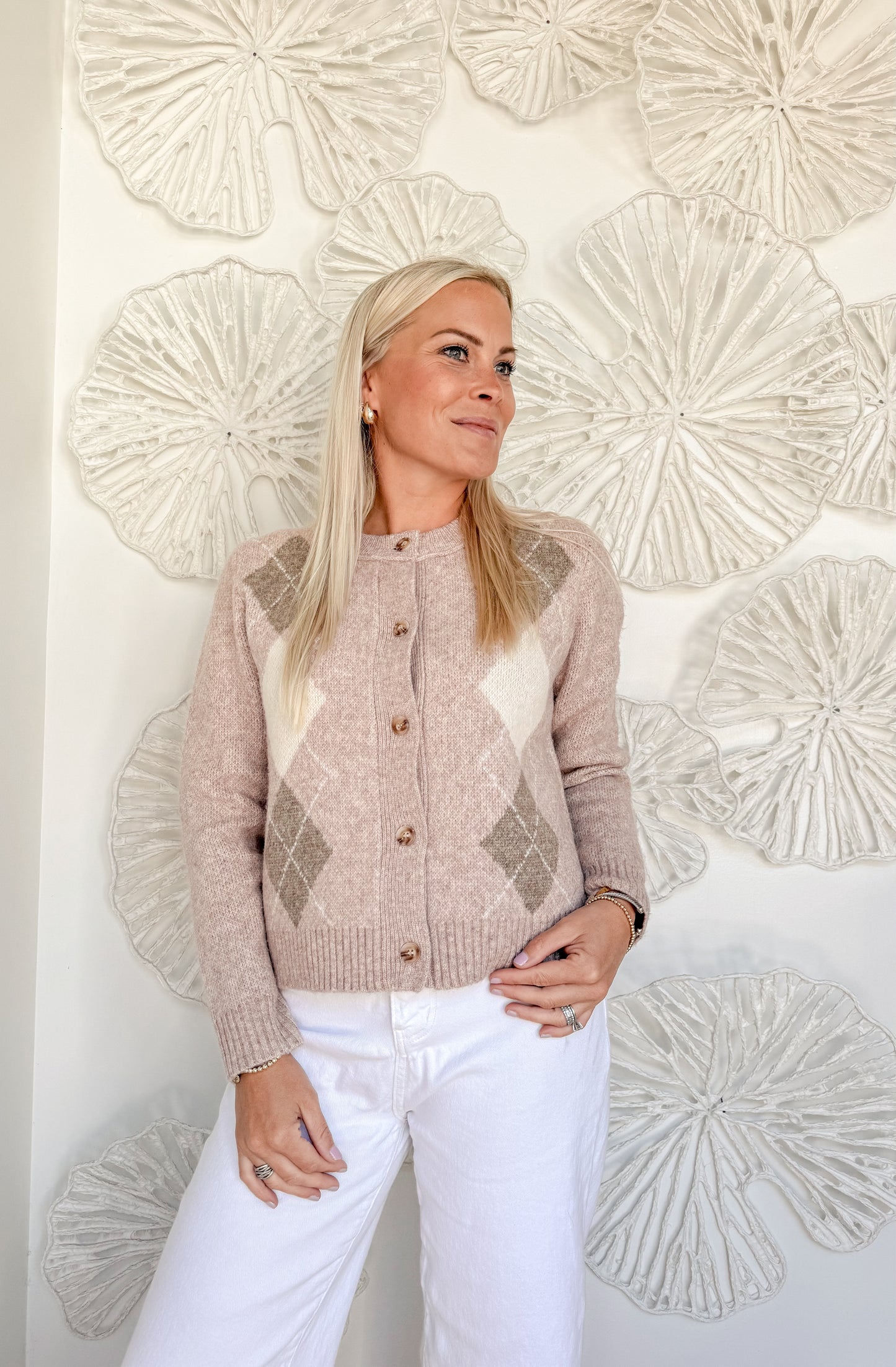 Blush Argyle Button Cardigan