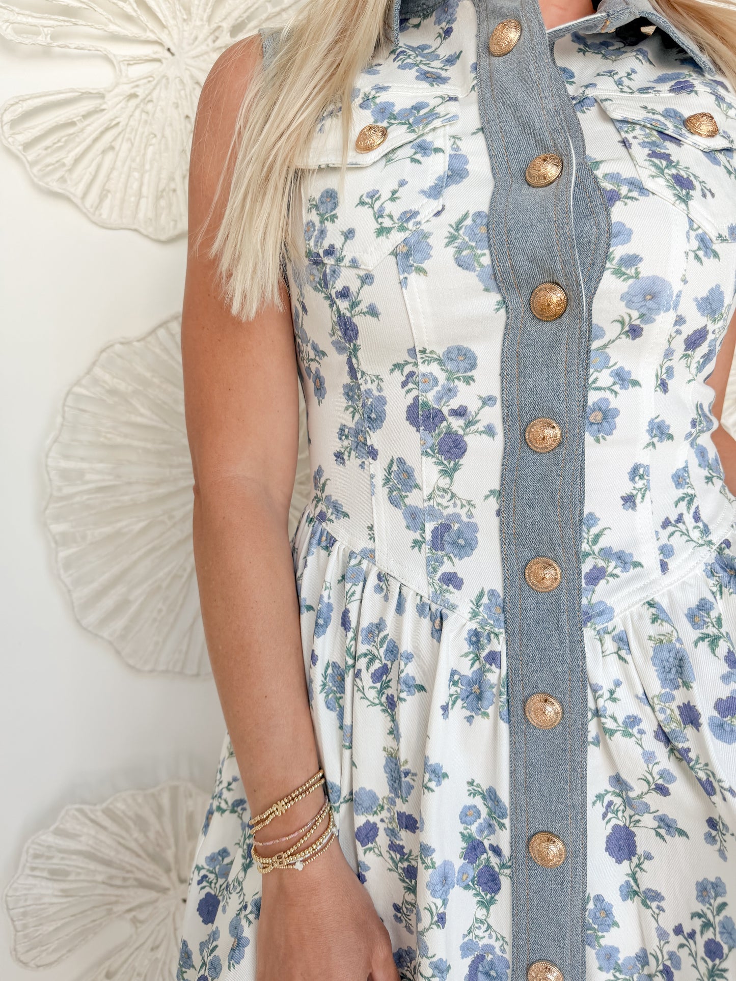 Blue Floral Denim Collared Mini