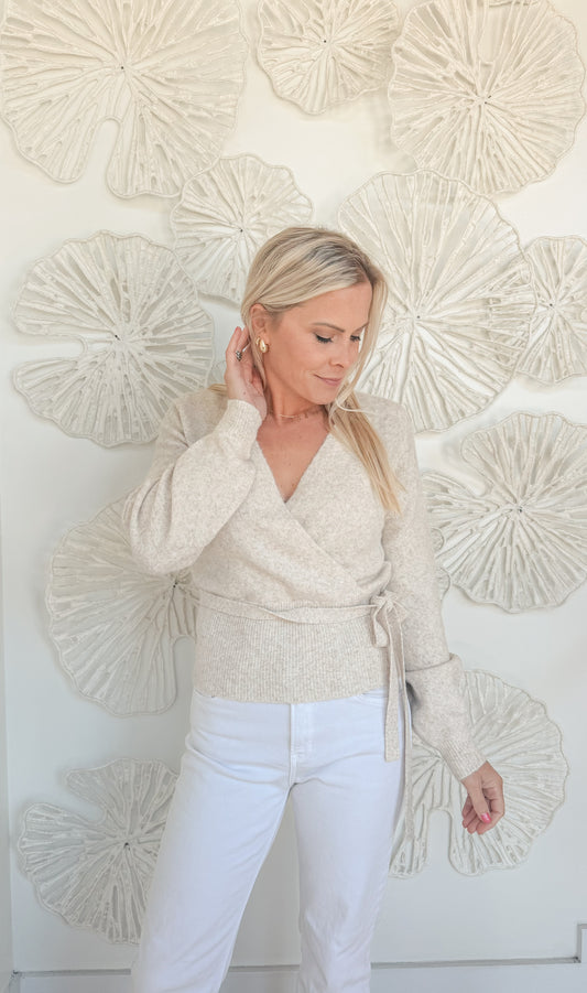 Oatmeal Wrap Tie Sweater
